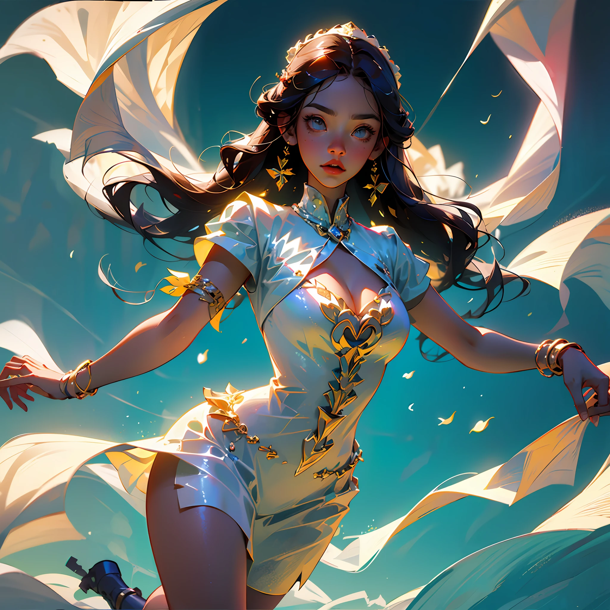 Obra-prima: 1.2, melhor qualidade), realismo, (imagens reais, detalhes intrincados, profundidade de campo), (1girl, solo), pele clara, delicada, Lee Ji-eun IU, lips apart, alto detalhe, rosto perfeito, (Enormes peito grande, cintura fina, rabo de cavalo, bunda grande (menina joga futebol, Capcom Hero Outfit , cosplay de super garota), (suor: 1), (molhado) Ball on the ground, roupa dourada colada no corpo, High Definition Art --auto