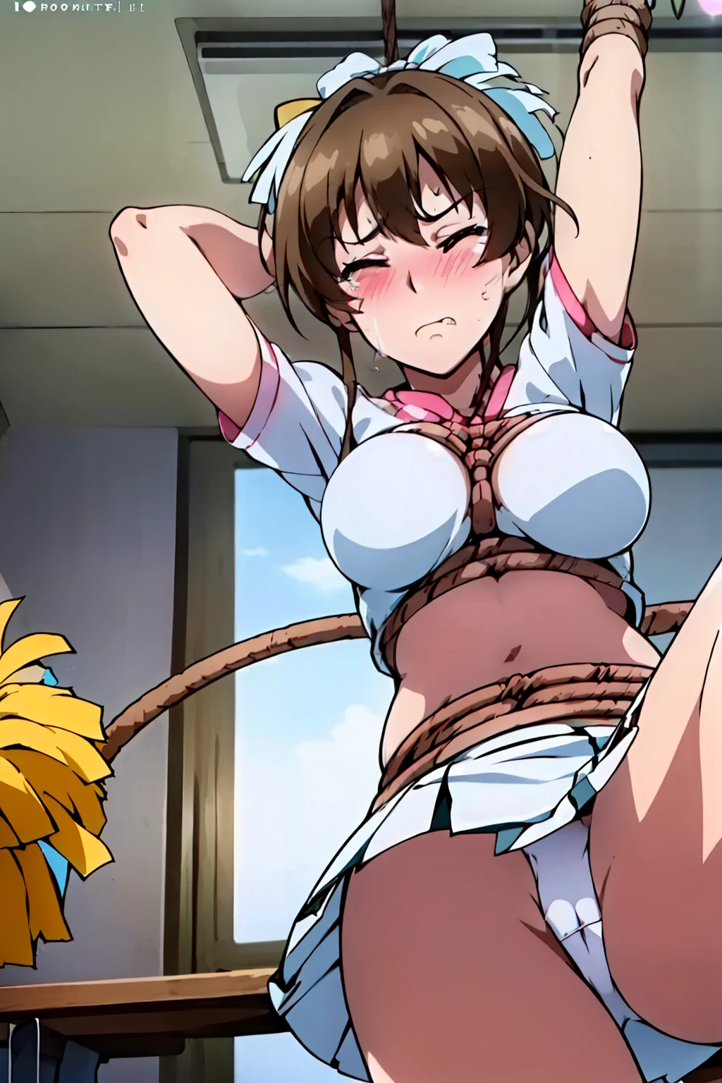wearing cheerleader outfit,(day:1.7), Japan, Tokyo, classroom, (:1.8),(from very below,ceiling:1.5),(full body shot), (cute_cheerleader_uniform_costume:1.9),brown_hair,ponytail,brown_eyes,cleavage,(rope  over the clothes:1.8),(arms up,tie both wrists together:1.5),(stand split leg:1.8, i-balanced:1.9,toe up:1.5, show white-high-cut- from micro-miniskirt:1.6),white-crotchless-panties, , , 1 girl,Manga,20yo,mature female,Beautiful Finger,Beautiful long legs,Beautiful body,Beautiful Nose,Beautiful character design, perfect eyes, perfect face,(frown,closed mouth,clench teeth,disgust,crying,closed eyes tightly,glareing,anger,sad,nose-blushing,:1.3), looking at viewer, official art,extremely detailed CG unity 8k wallpaper, perfect lighting,Colorful, Bright_Front_face_Lighting, (masterpiece:1.0),(best_quality:1.0), ultra high res,4K,ultra-detailed, photography, 8K, HDR, highres, absurdres:1.2, Kodak portra 400, film grain, blurry background, bokeh:1.2, lens flare, (vibrant_color:1.2) (Beautiful,:1.4), (beautiful_face:1.5),(narrow_waist),