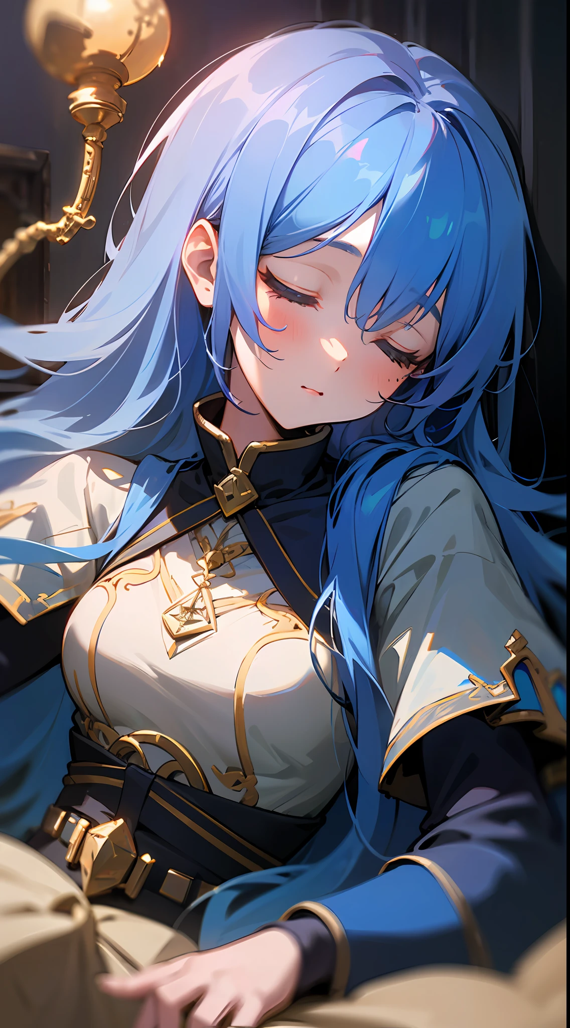 maximum quality、Intrincated detailed、8K、4K、Highresolution、Intrincated detailed、Long-haired girl with blue hair、Upper body is shown、Stone room、Sleeping in a frugal bed、(Fantasy world）、night、dim、