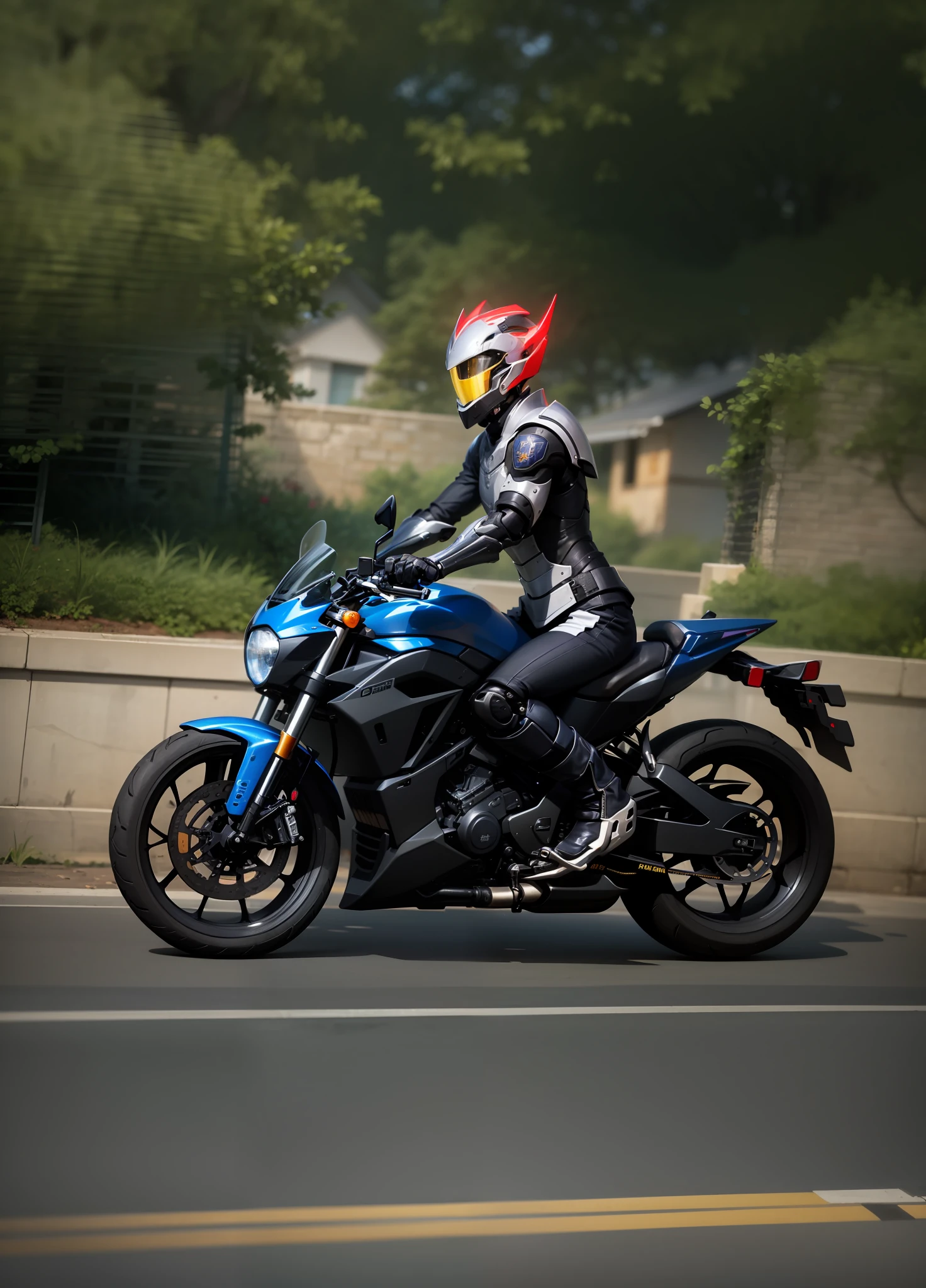 A boy on a motorcycle,(master-piece:1.2),best qualiy,high resolutions,统一 8k 壁纸,(illutstration:1.0),Beautiful detailed,big breasts very detailed,perfect illumination,Very detailed CG,Red motorcycle,Ducati,glow eye,Back Light,Armour,glowing with,Full armor,battle armor, Humanoid_robotic,headpiece,face mask,sample_backdrop,arma,blue_armor,looks at the viewer,独奏,seethrough,