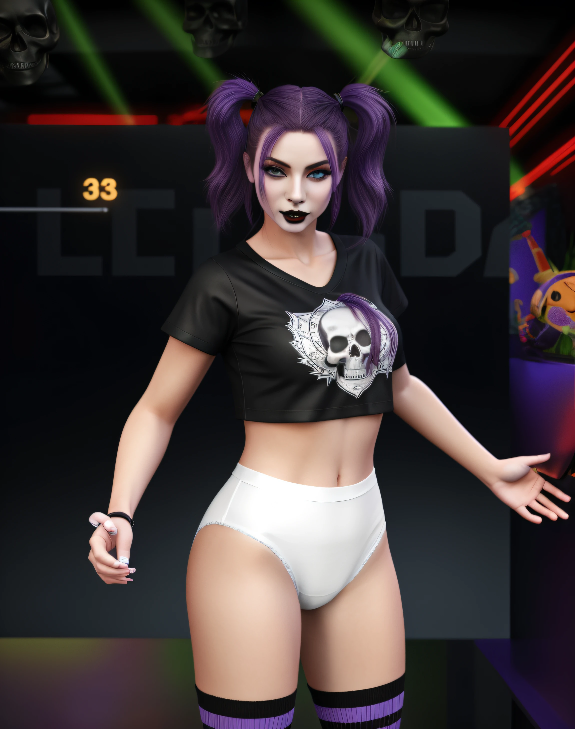 Purple-haired Caucasian woman, in black skull shirt and white cotton high cut panties, purple and black long socks, black lipstick, realistic 3D game model, intricate details