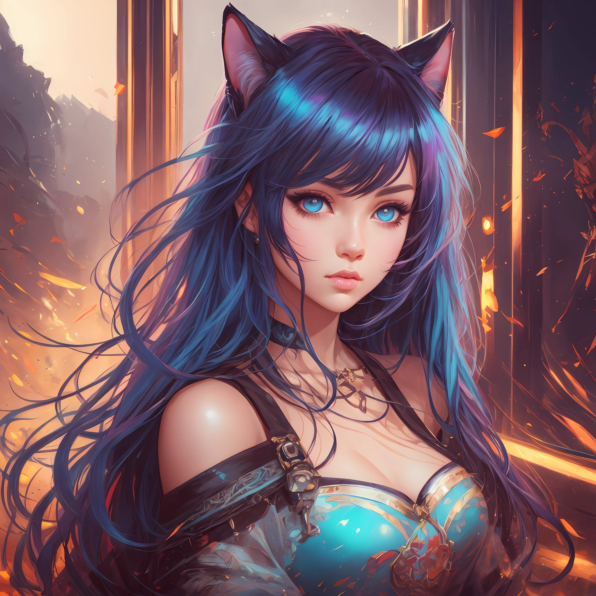 Um estilo de cabelo colorido diferente de uma menina com orelhas de gato, Arte no estilo de Guweiz, Estilo Ross Tran, No estilo de Ross Tran, Wlop Ross, Arte infantil em Artstation, arte do retrato do personagem, O estilo do WLOP, RossDraw Retrato, Rossdraw 1. 0, Ross Tran 8 K