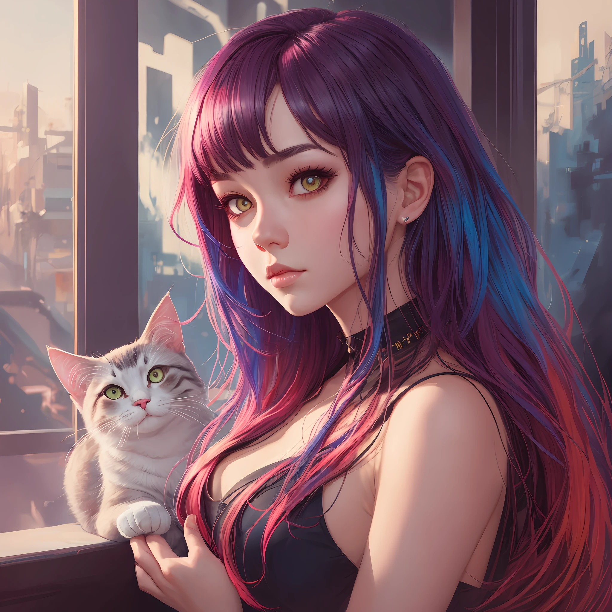 Um estilo de cabelo colorido diferente de uma menina com orelhas de gato, Arte no estilo de Guweiz, Estilo Ross Tran, No estilo de Ross Tran, Wlop Ross, Arte infantil em Artstation, arte do retrato do personagem, O estilo do WLOP, RossDraw Retrato, Rossdraw 1. 0, Ross Tran 8 K