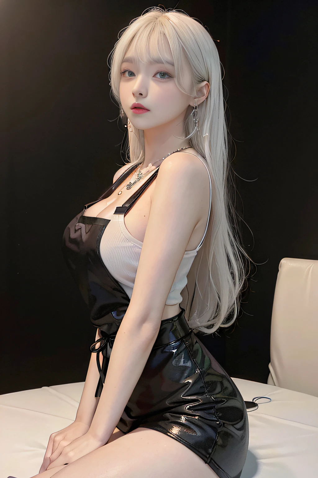Top image quality、RAW Photography、ultra high-resolution、Shooting from the side、16-year-old Korean、Black apron、Apron to cook、large round breasts、Short Bob、Fair skin、shiny white skin、Beautiful eyes with random colors、Very thin lips、Beautiful eyes in every detail、elongated eyes、pale pink blush、long eye lashes、Beautiful double eyelids、eyeshadows、very thin legs、necklaces、ear ring、light white hair、Black Wall Room、kitchen、Dining table