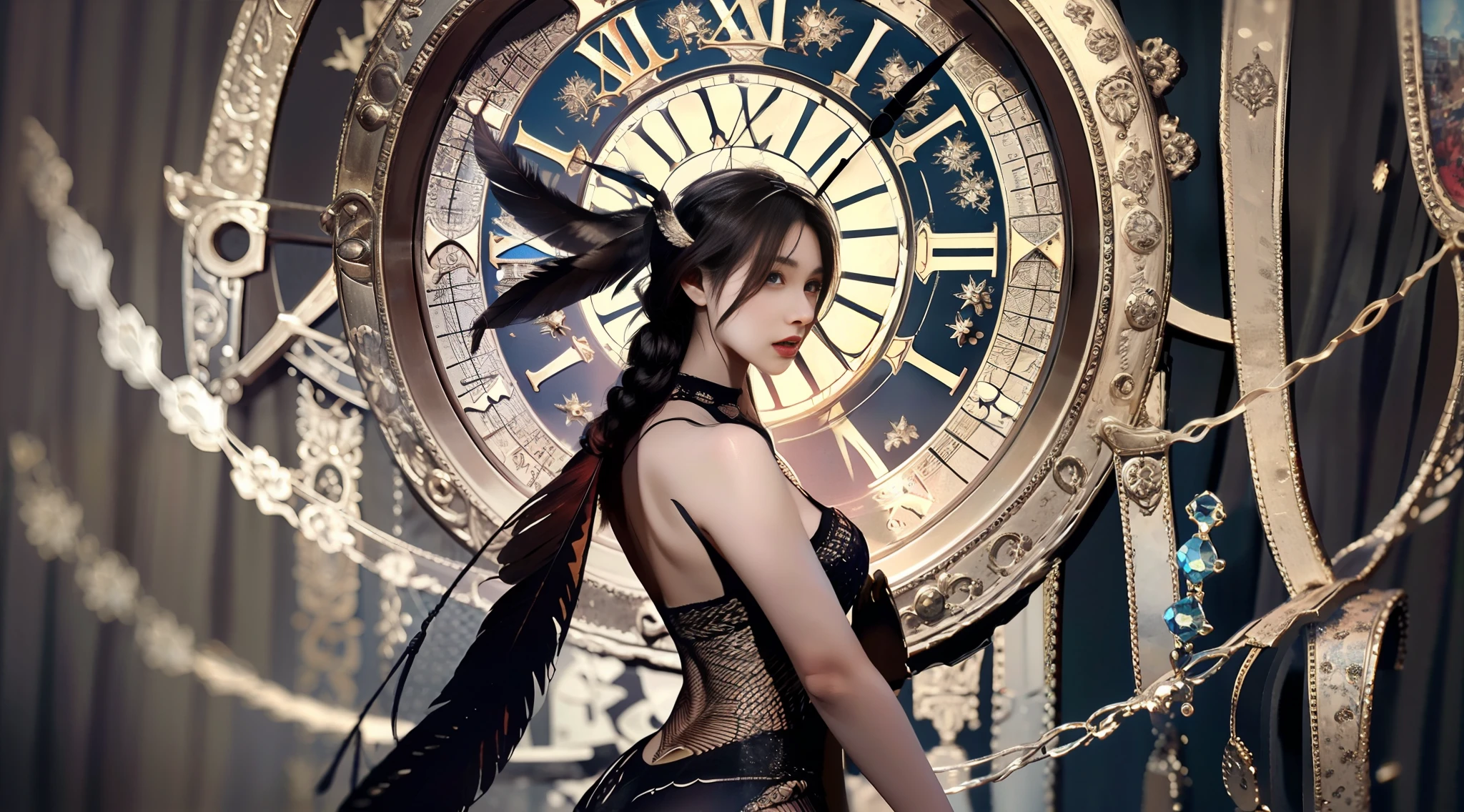 arafed woman with feathers and a headdress standing in front of a clock, fantasy art behance, detailed fantasy digital art, intricate wlop, detailed fantasy art, 4k fantasy art, digital fantasy art ), goddess. extremely high detail, digital art fantasy art, 4k highly detailed digital art, stunning cgsociety, elegant cinematic fantasy art