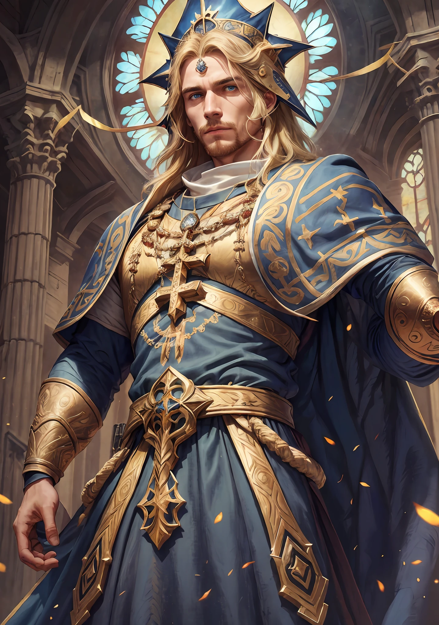 a noble-looking man, He possesses an average height and an athletic build., Her blonde hair is short and well groomed, and his eyes are serene blue, imparting wisdom and devotion, veste uma armadura sagrada, adorned with religious symbols, Ele carrega consigo um cajado sagrado e um escudo, symbols of his faith and divine power.