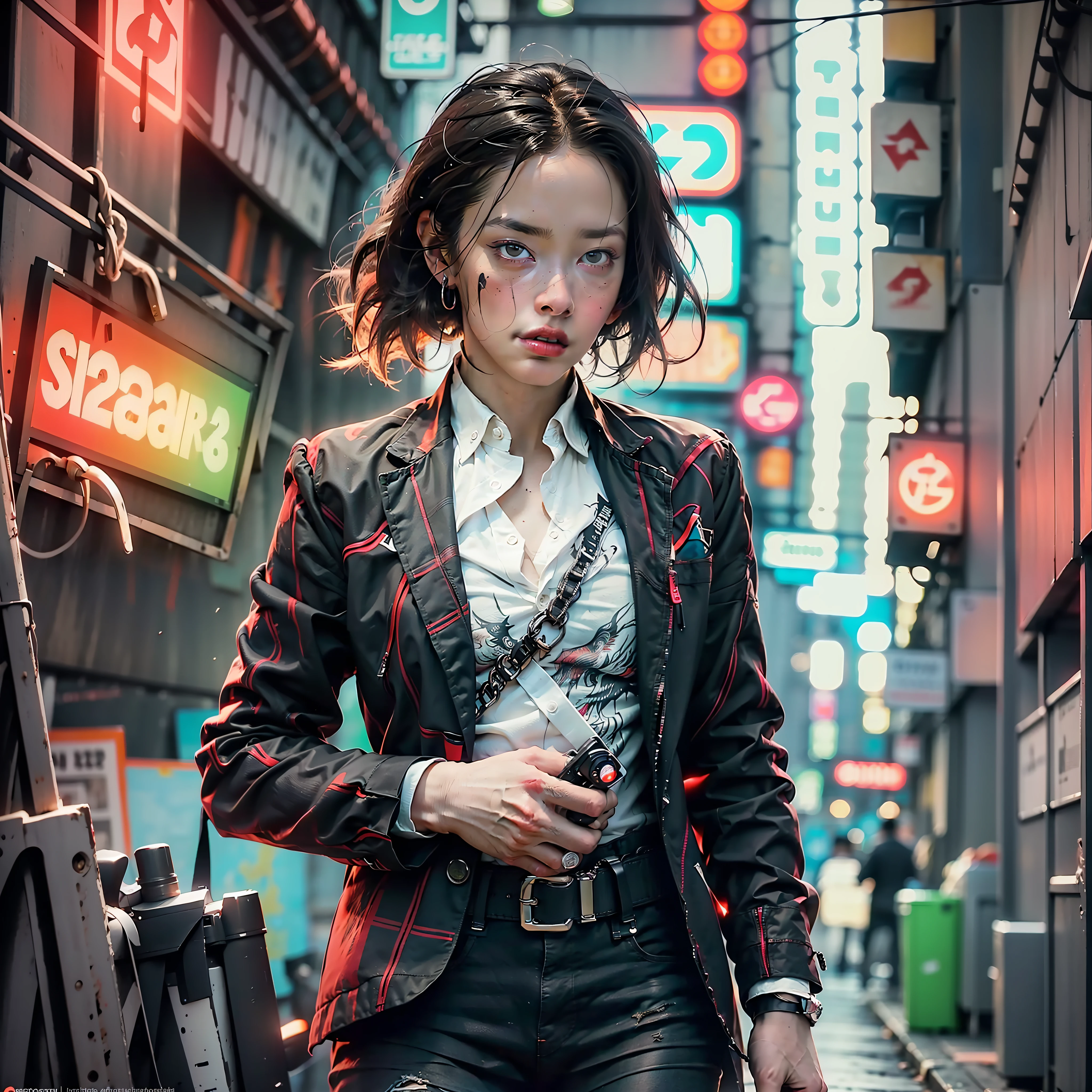 (cinematic, 8k, best quality, masterpiece: 1.2), (realistic, photo-realistic: 1.37), ultra-detailed, soft light, best quality, ultra highres, raw photo in HDR, sharp focus, intricate texture, skin imperfections, 1 girl, cute, solo, raw photo, Keanuu Reeves John Wick with guns drawn and a red tattoo on his face and neck, crazy face with rage, wearing a black stylish suit with fighting details, 38yr, amazing fingers, fit body, warm body, shiny skin, realistic textures, reflected lighting, volumetric lighting. Background a cyberpunk city at night, neon lighting.