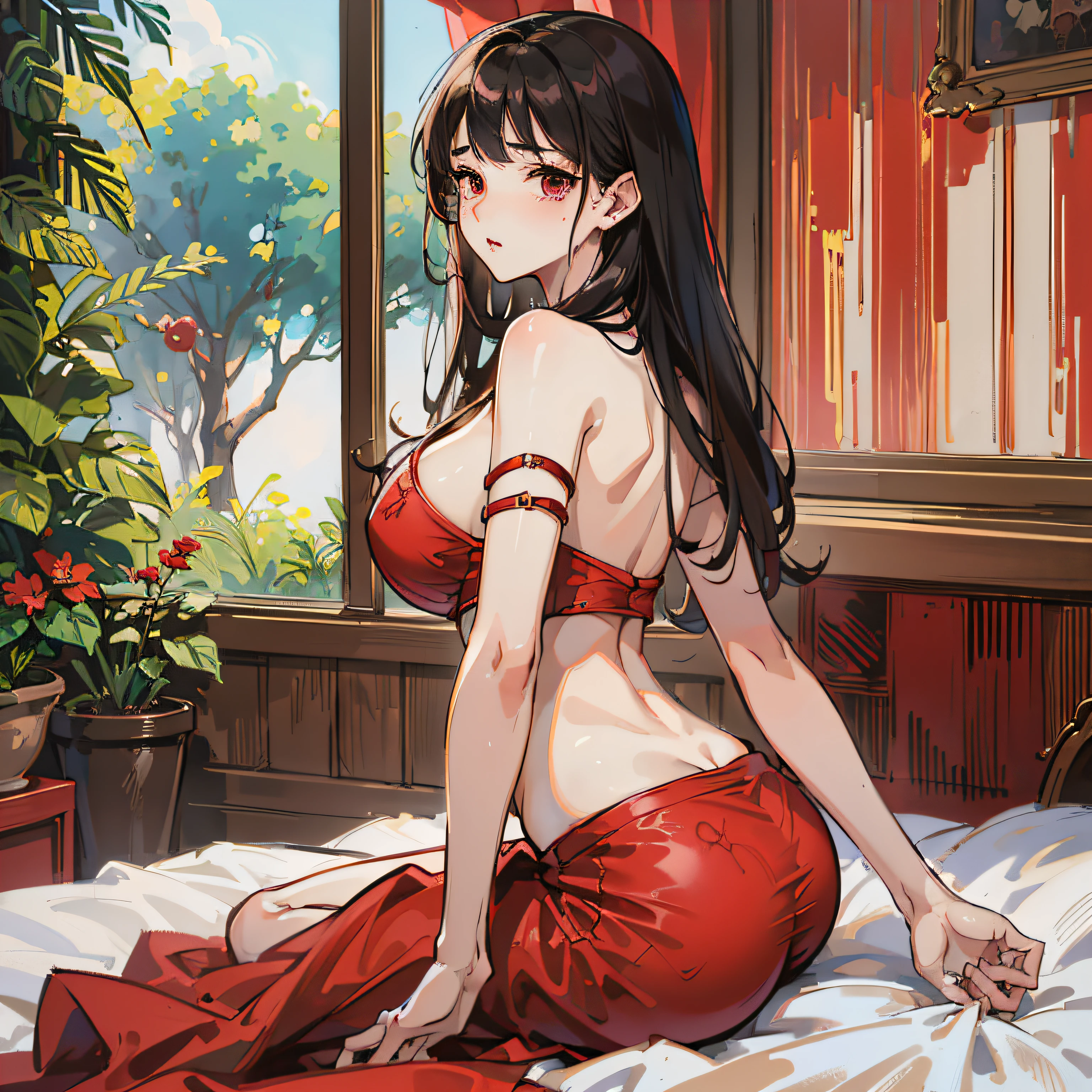 (maximum quality、8K、32k、masterwork、DTF:1.2)、Sexy Japan Woman Pictures、big chest、long dark hair、Longhaire、Upper bust、Facial Focus、Oversized、on a bed、Chest、Sheer cheongsam、Wet、 Writhing expression、 Rubbing your chest、 Red eyes、