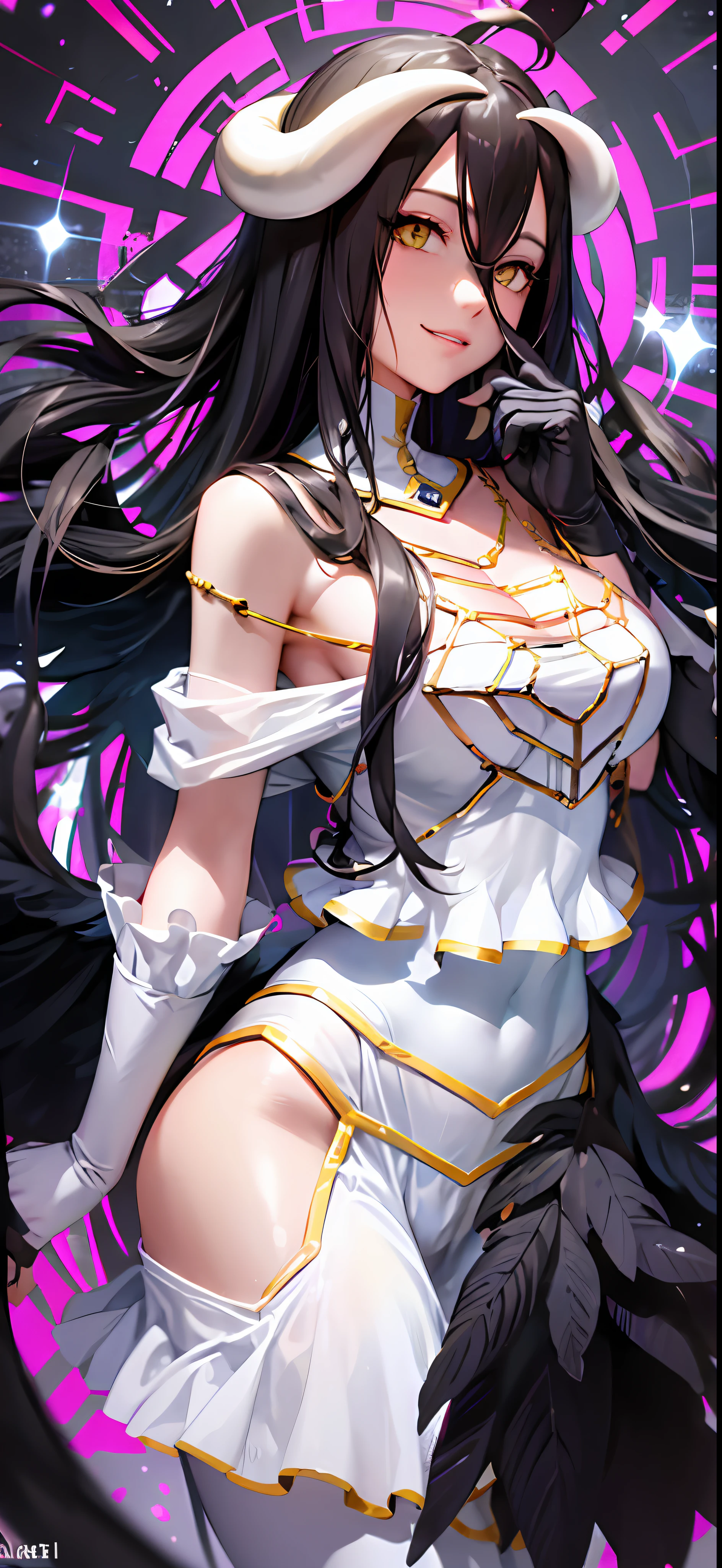 Meisterwerk, best qualit, high res, al1, demon horns, geschlitzte Pupillen, white gloves, white dress, e Schultern, Abnehmbarer Kragen, Spaltung, black wings, feathered wings, low wings, Cowboy erschossen, stehend, Verlies, evil smile, Die Hand ausstrecken, Ausgebreitete Arme, ausgestreckte Arme,