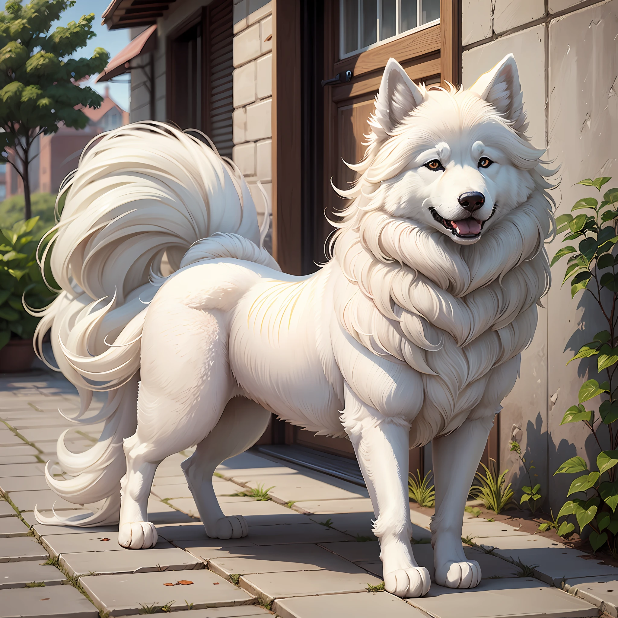 There is a white wolf with a colorful tail sitting, olhos claros, Lovely realistic digital painting, rainbow fur, Lobo Peludo, arte peluda muito bonita, HDR fantasia lobo bonito, arte digital detalhada bonito, bela arte digital, detalhado!!!!, arte de fantasia peluda, Arte digital peluda, Arte peluda!!! --auto