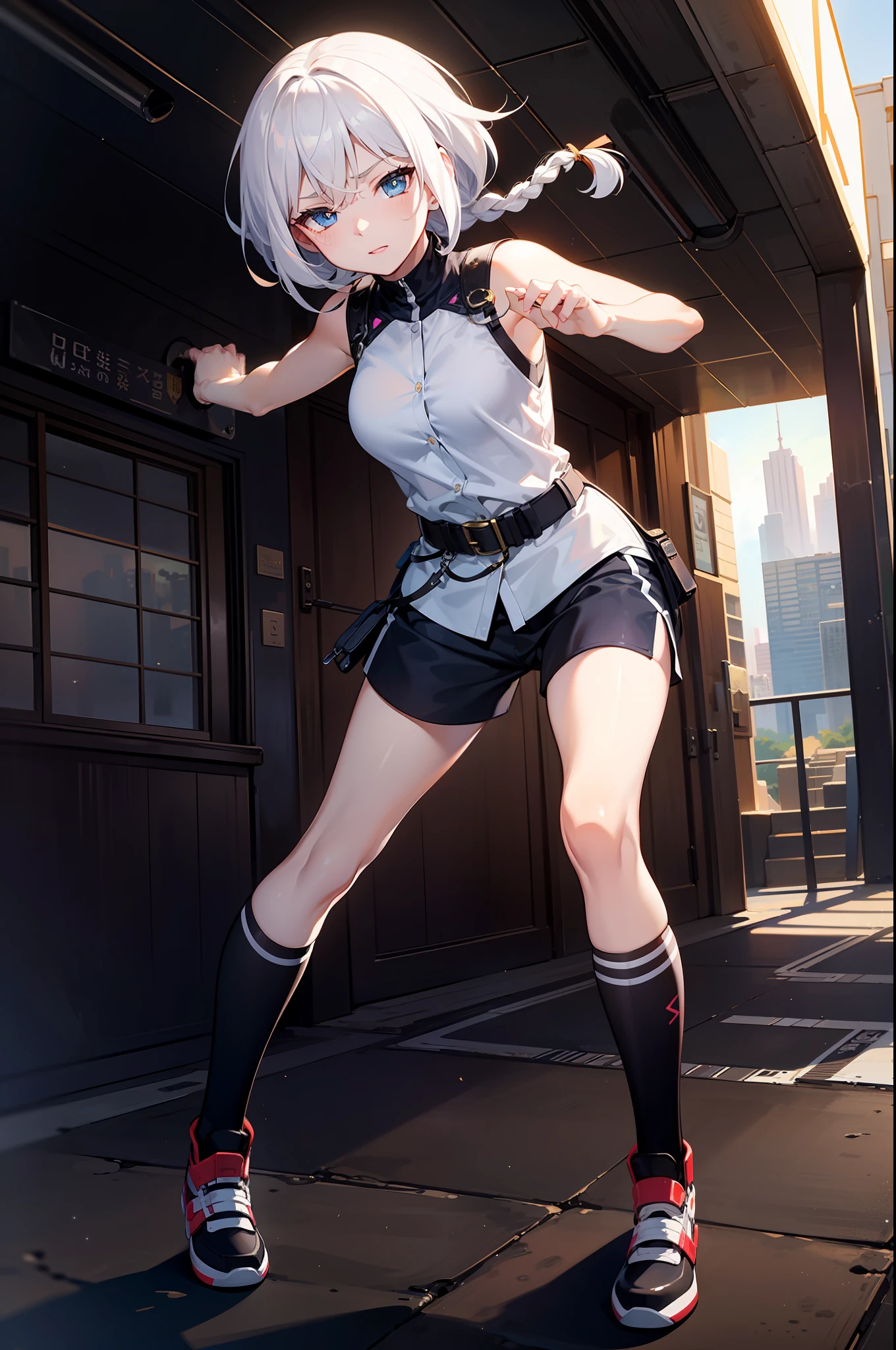 Masterpiece, Best quality, Masterpiece,Best quality,officlal art,Extremely detailed CG unity 8k wallpaper, golden hour lighting, strong rim light, strong shadows, in the cyberpunk city, artbook, Girl, Medium hair, White hair, braided, Blue eyes, Medium breasts, Sleeveless shirt, short pant, kneehighs, ((mechanicallegs)), jitome, Half-closed eyes, :t, ((short braid)), ((fighting_stance)),