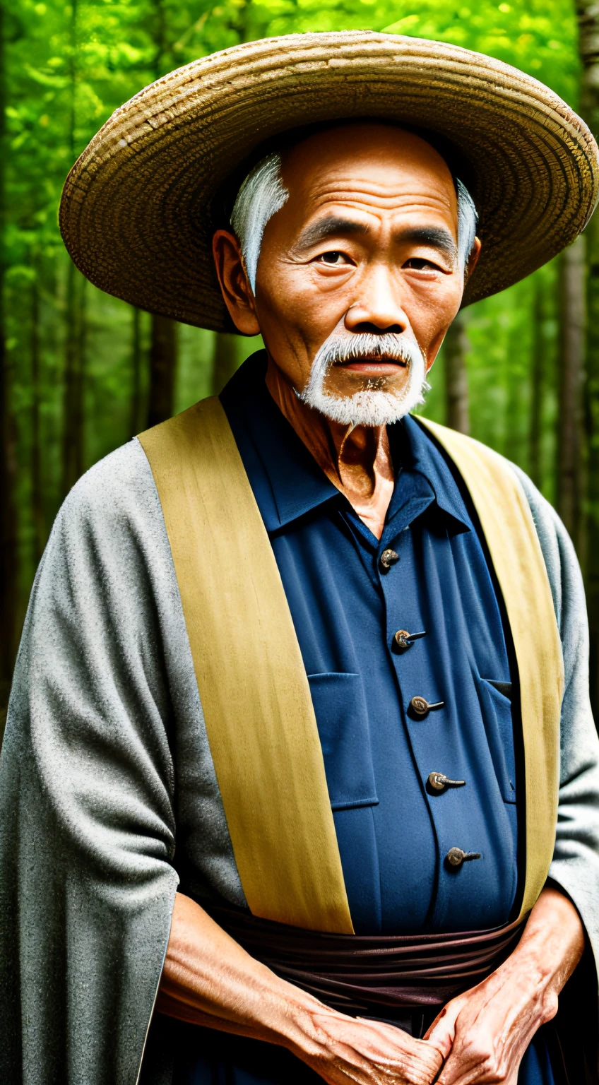 Portrait photography style, world masterpiece, super unique high professional digital art, film format, hyper-realism, color cinematography with ultra-fine details and quality, background is deep in the forest, an old man in rural China, an old man with wisdom. He wears an old cloak and his eyes are kind and shrewd. His body is upright, his skin has been blackened and powerful by the sun and rain, and the wrinkles are fixed on the corners of his mouth and forehead, which makes it seem that his years have precipitated. Although wearing a dark gown, although simple in appearance, it exudes sublime wisdom and a sense of tenacity of strength.