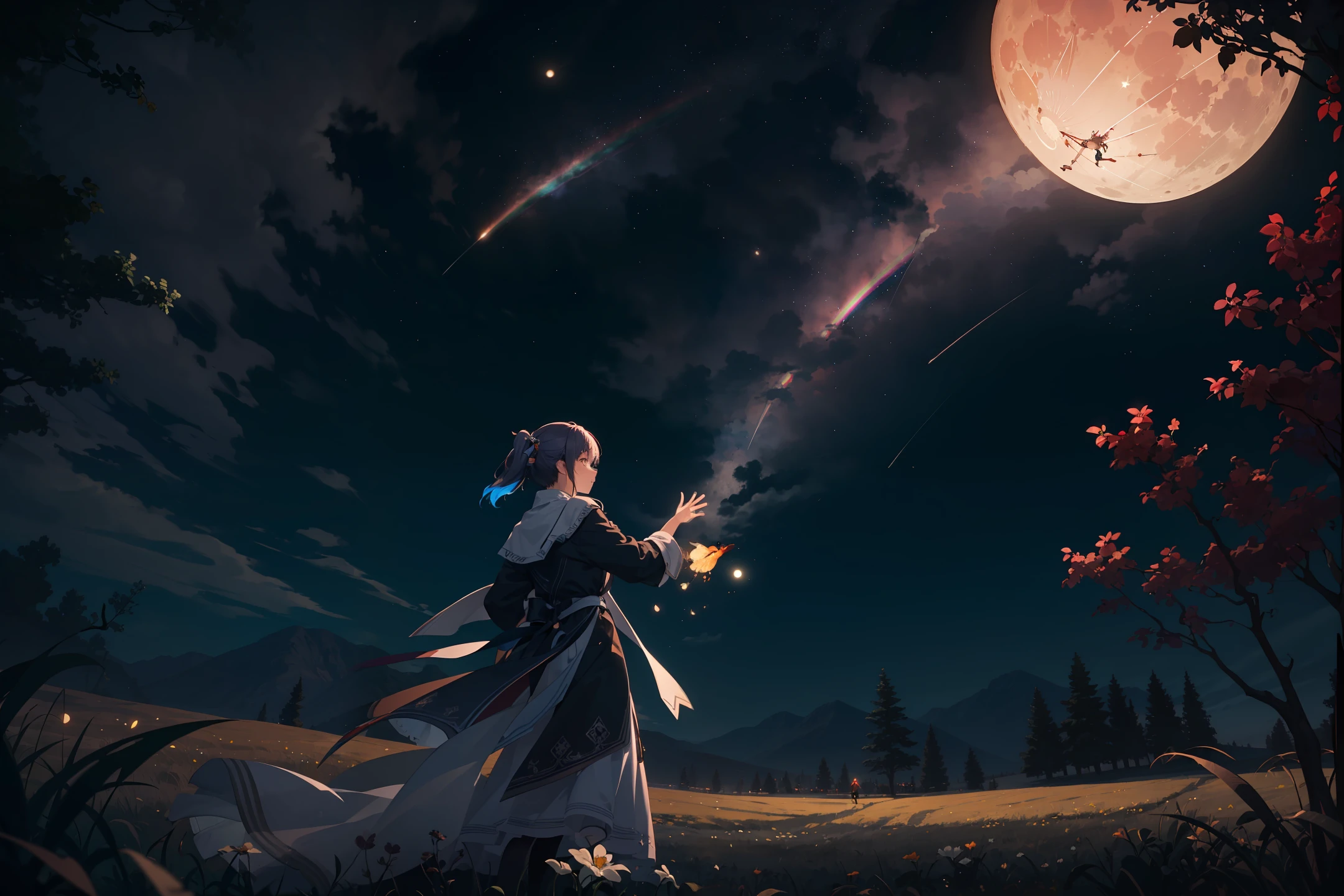 A wide landscape photo, (viewed from below, the sky is above, and the open field is below), a girl standing on a flower field looking up, (full moon: 1.2), (meteor: 0.9), (nebula: 1.3), distant mountains , Trees BREAK Crafting Art, (Warm Light: 1.2), (Firefly: 1.2), Lights, Lots of Purple and Orange, Intricate Details, Volumetric Lighting BREAK (Masterpiece: 1.2), (Best Quality), 4k, Ultra Detailed, (Dynamic Composition: 1.4), Rich in Detail and Color, (Rainbow Color: 1.2), (Glow, Atmospheric Lighting), Dreamy, Magical, (Solo: 1.2)
