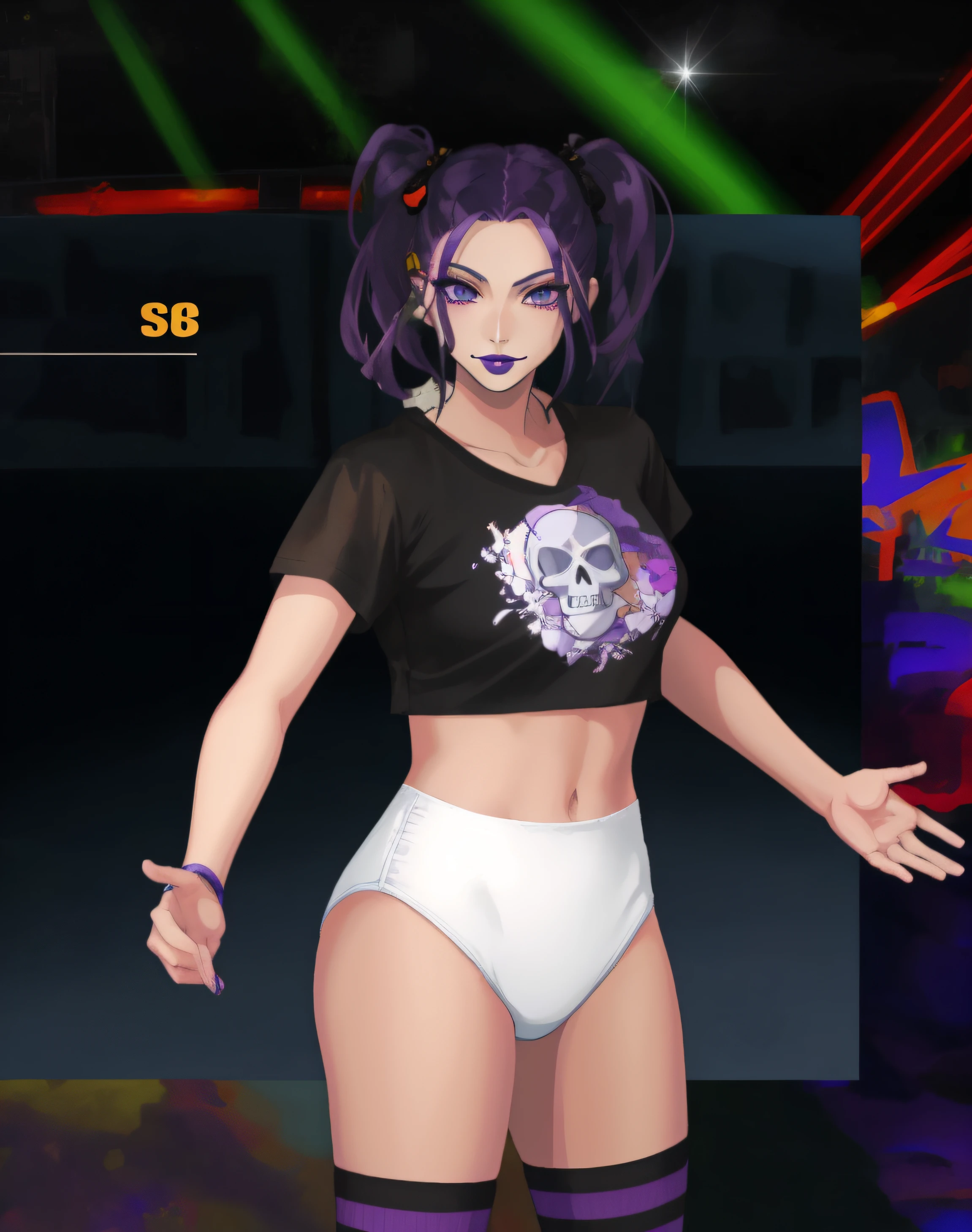 Purple-haired Caucasian woman, in black skull shirt and white cotton high cut panties, purple and black long socks, black lipstick, anime art style, intricate details