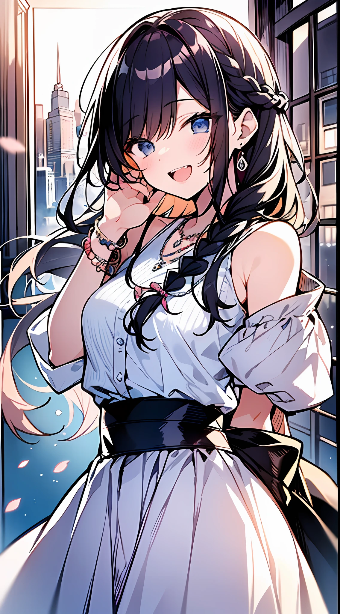 (Incredibly ridiculous absolute resolution:1.5)、maximum quality、Master peace、ultra high-resolution、8K、(Lori)、(Lace skirt with a lot of decoration、White blouse、necklaces、bracelets) BREAK Shoujo Manga Style、Soft line art、Digital Enhancement、A touch of shoujo manga、environment change scene、Shoujo Mangacore、(((Hair length to the shoulders)))、(((short braiding)))、Laugh with open mouth、close her eyes、Modern cityscape、Angle from which you can see the whole body、Beautiful and aesthetic:1.5、High Quality:1.5