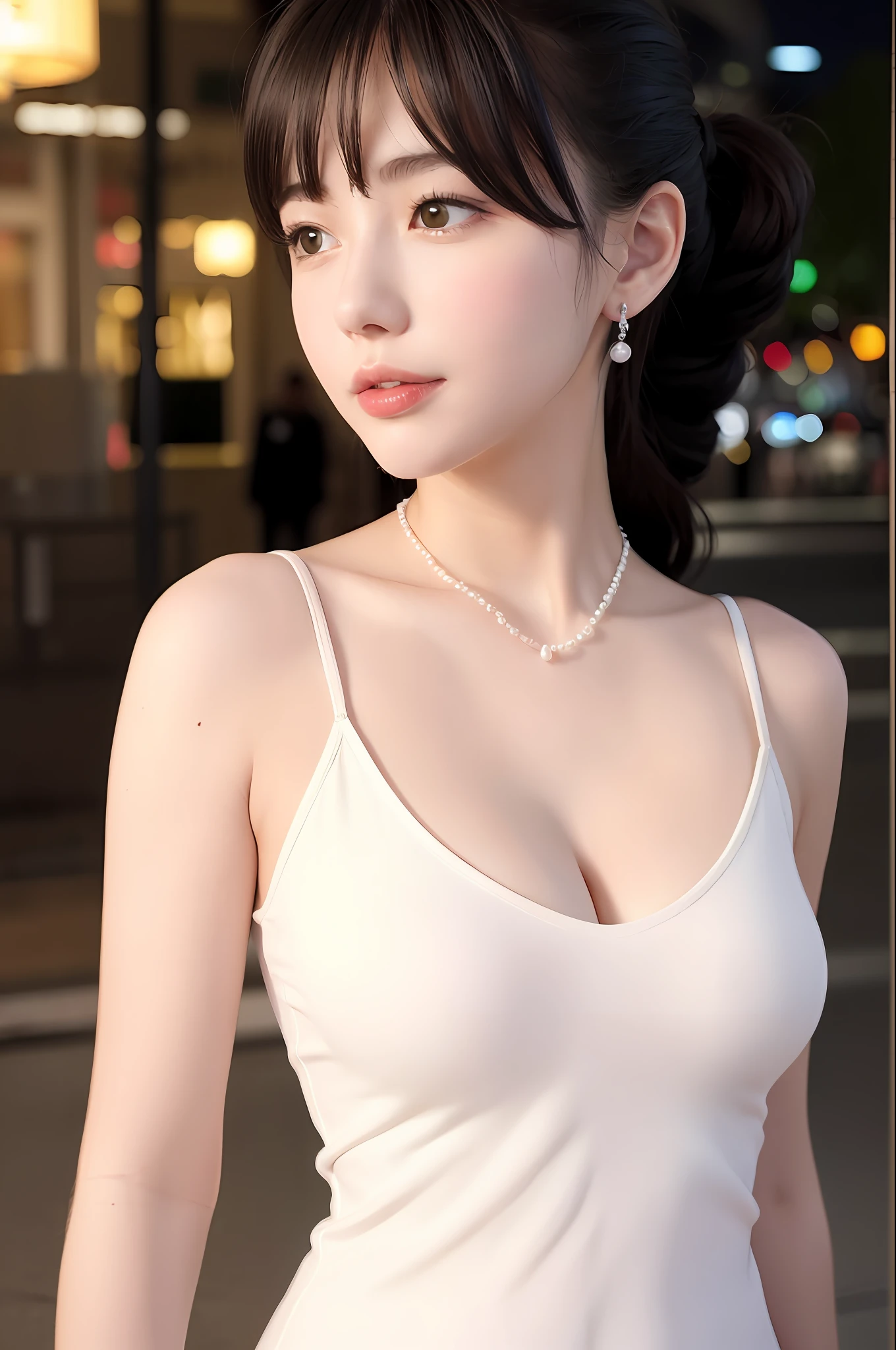 from side, hip up,((addielyn)), side pose, Random position, night time, (Extremely delicate and beautiful work), (masterpiece), 1girl, streetwear, highly detailed, Twisted ponytail，A charming expression，Beautiful clear eyes,Blue pupil,Delicate pearl necklace,elaborate earrings,Simple blur of background,Extreme detail,Absolutely beautiful and charming,Super fine painting,Delicate face,Delicate figure,Delicate collarbone,Cute lips,Soft back,mix4,(8k, RAW photo, best quality, mastery:1.2), (realistic, photo-realistic:1.37),1girl,cute,cityscape,night,rain,wet,professional lighting,photon mapping,radiosity,physically-based rendering,above waist,White Long Dress