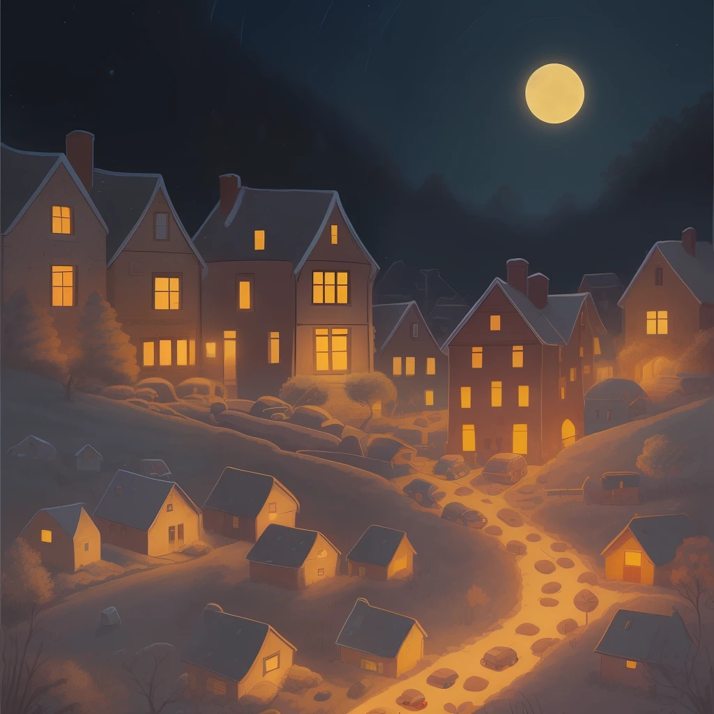 Children's picture book illustration, small village on hill, nightfall, wide angle lens, cute, color illustration, 18th century France
