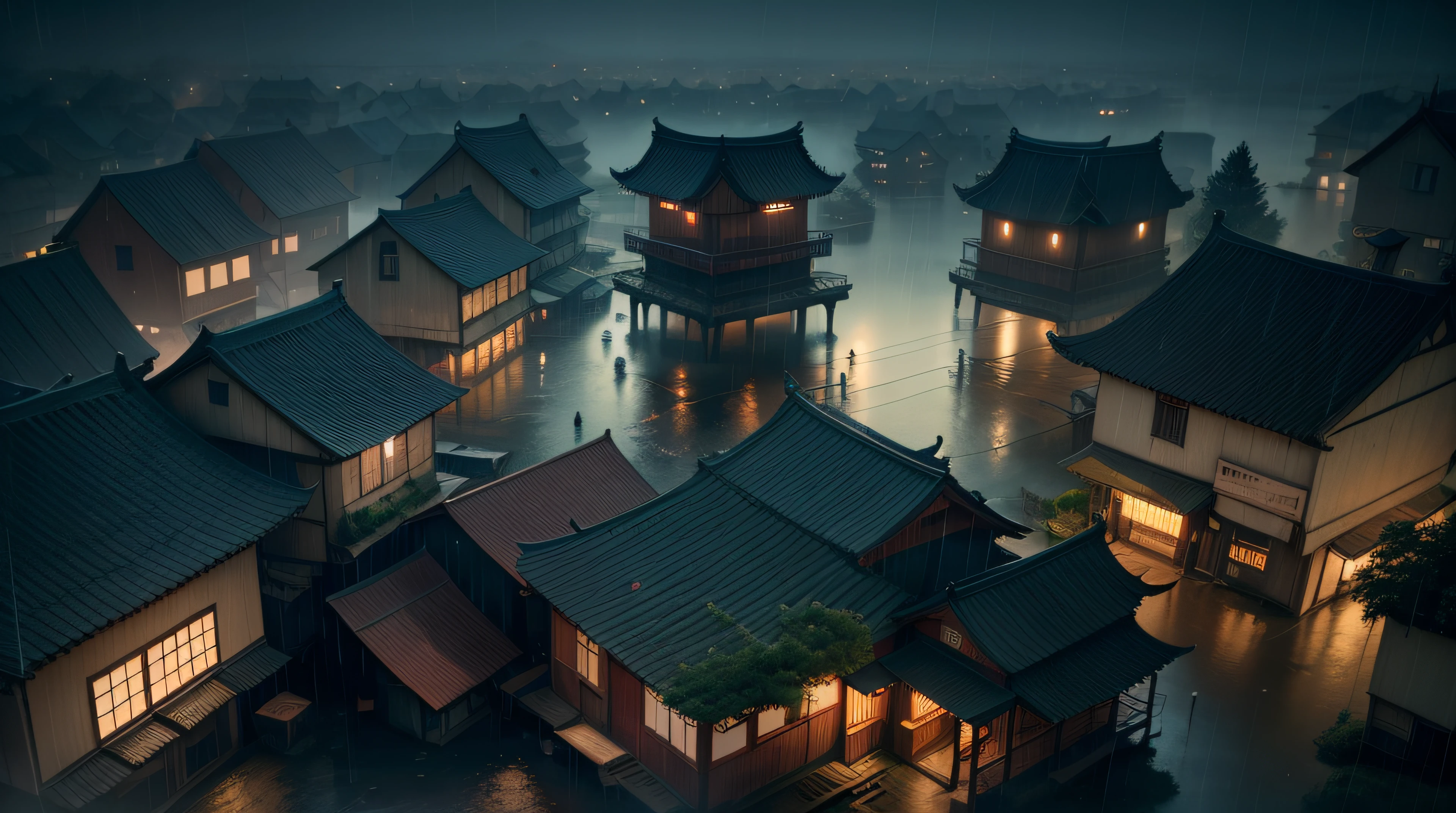 overhead view of a village with a lot of lights on the buildings, dreamy chinese town, chinese village, amazing wallpaper, japanese town, japanese village, hyper realistic photo of a town, old asian village, rainy evening, cyberpunk chinese ancient castle, beautifully lit buildings, at evening during rain, beautiful and aesthetic, photography, cinematic, 8k, high detailed ((Heavy rain)))