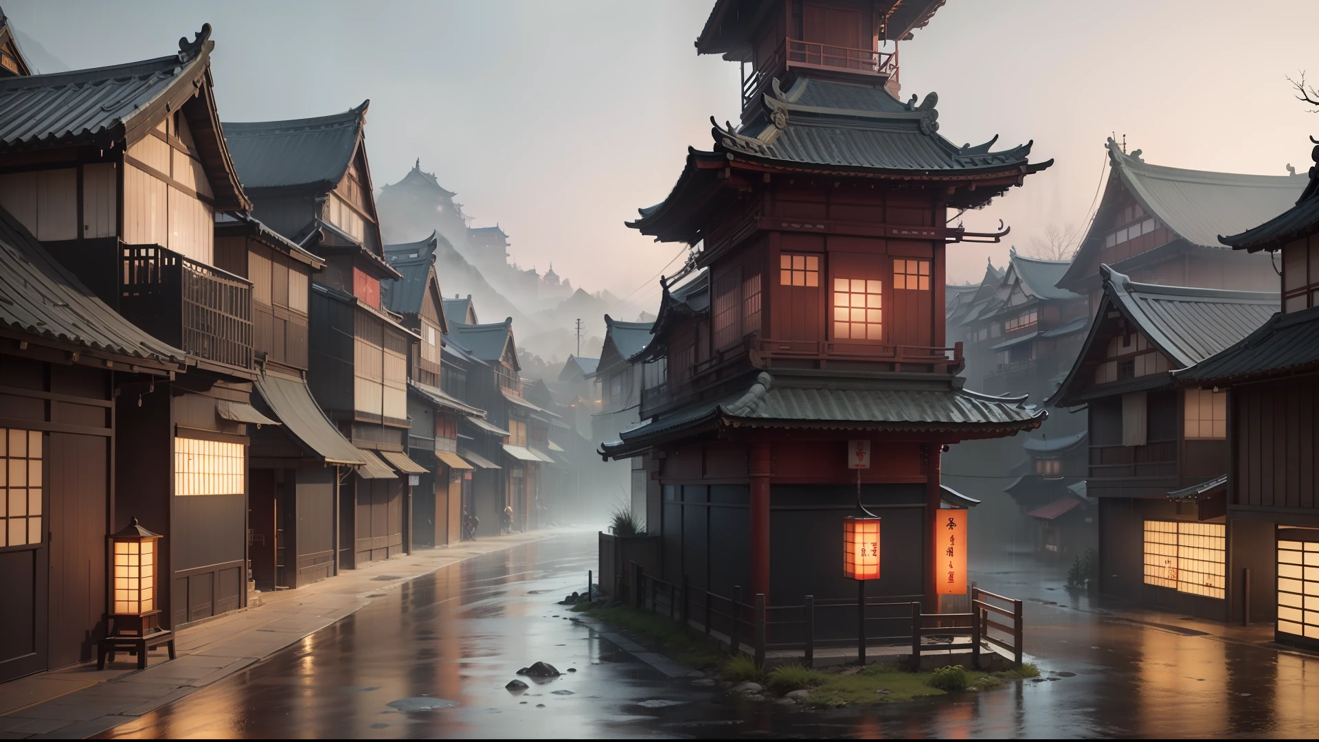 overhead view of a village with a lot of lights on the buildings, dreamy chinese town, chinese village, amazing wallpaper, japanese town, japanese village, hyper realistic photo of a town, old asian village, rainy evening, cyberpunk chinese ancient castle, beautifully lit buildings, at evening during rain, beautiful and aesthetic, photography, cinematic, 8k, high detailed ((Heavy rain)))