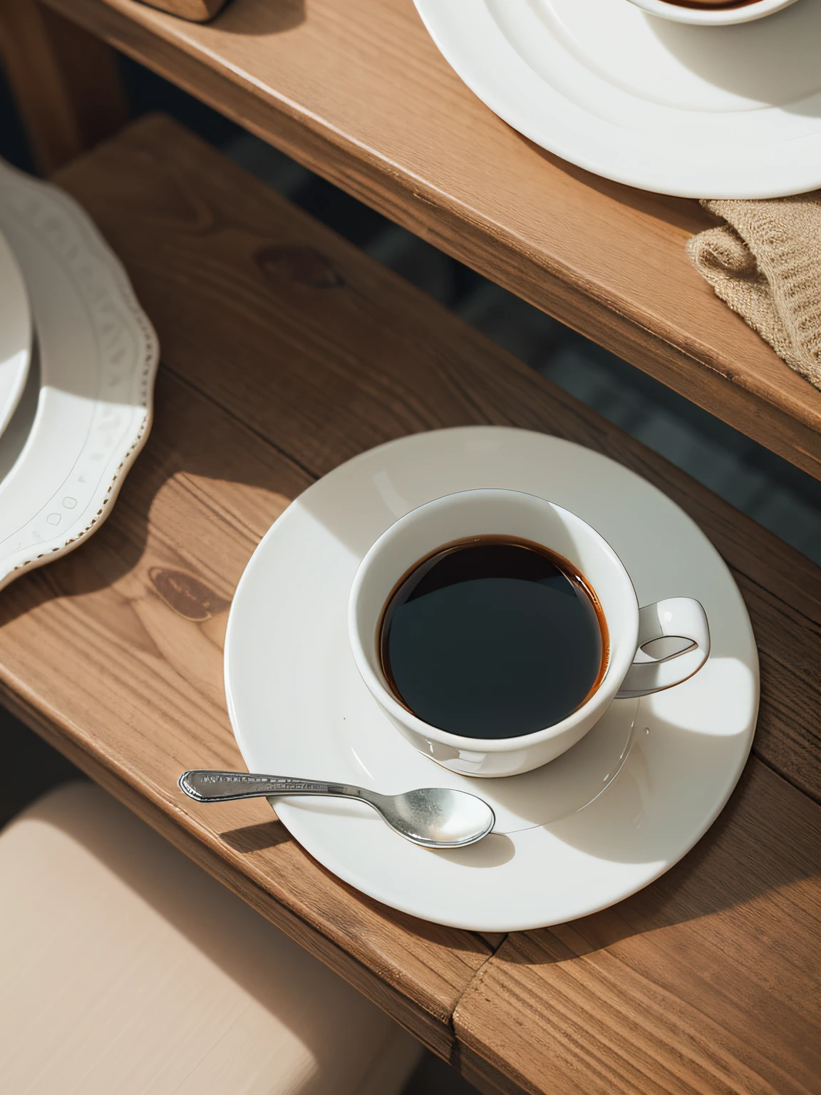 several beans mirrored by a wooden table and a cup of coffee with a spoon resting on the saucer,style: flat lay --air 3:2, best quality, artwork, photorealistic