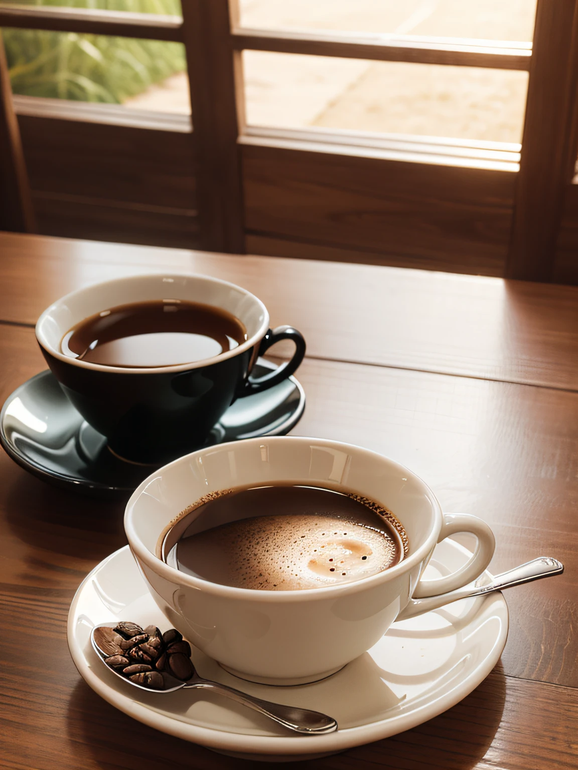 several beans mirrored by a wooden table and a cup of coffee with a spoon resting on the saucer,style: flat lay --air 3:2, best quality, artwork, photorealistic