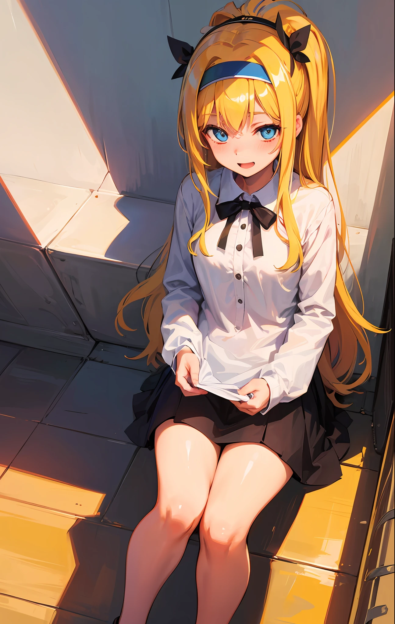 master-piece,best qualiy,Best light and shadow,8K,ultra-highresolution,A girlis,blondehair,Blushlush,pretty eyes,Happy expression,bow hairband