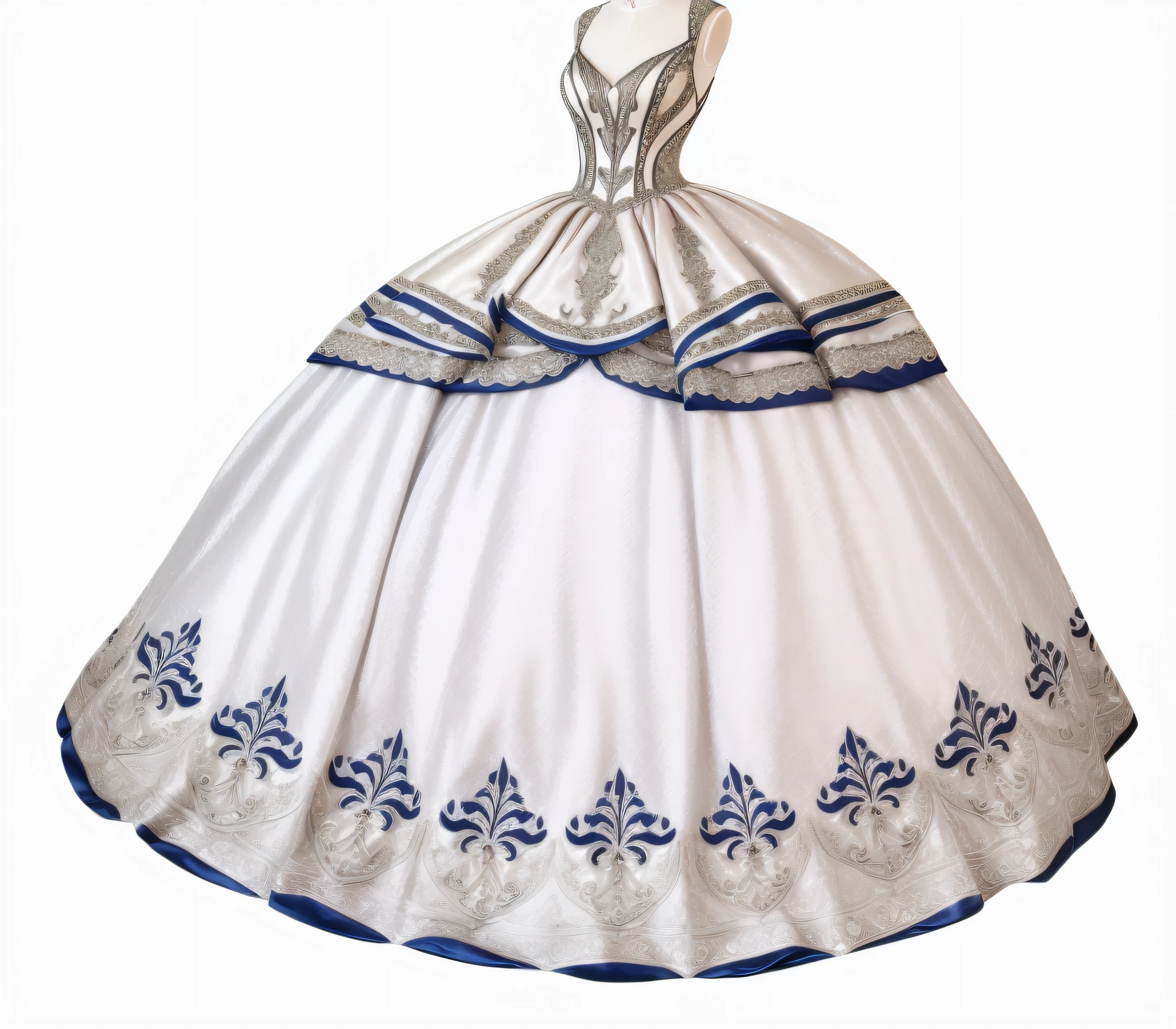 an elegant hyper detailed navy blue ball gown dress made of satin with lots rhinestones with embroidery at the bottom of the skirt