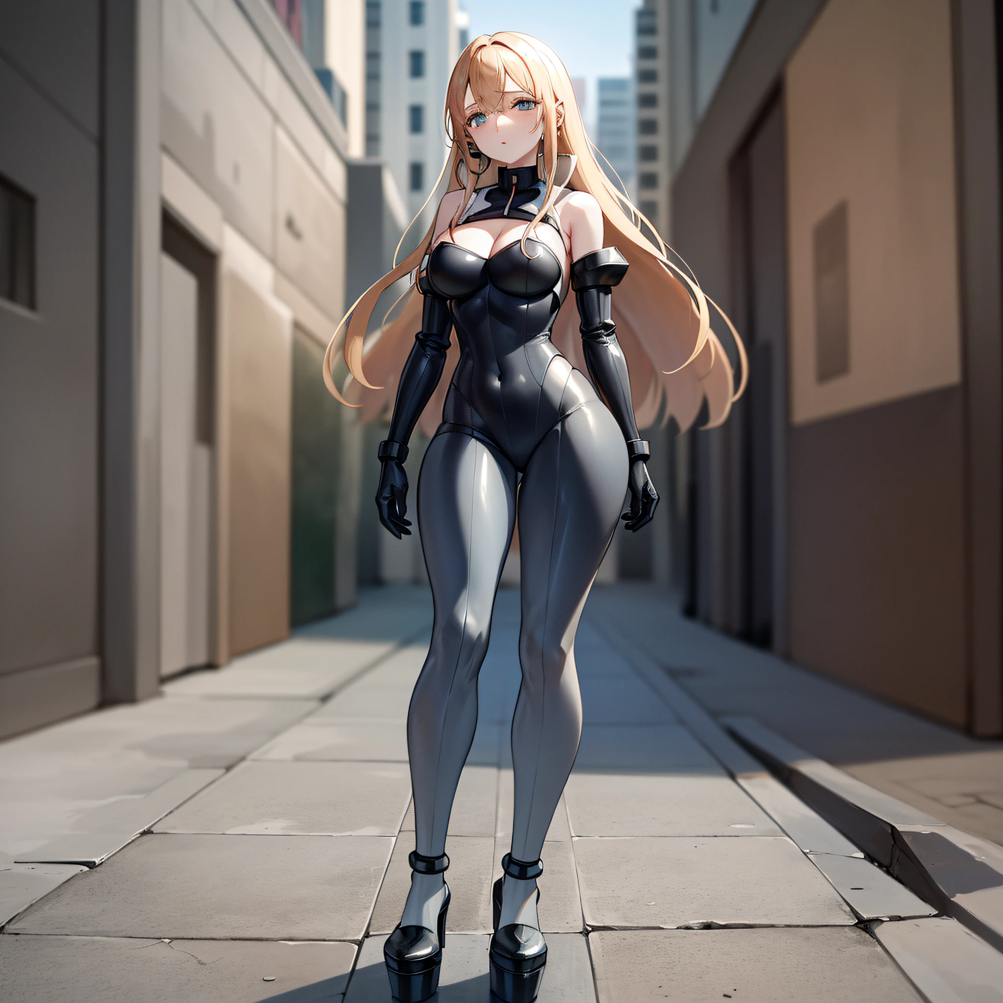 1mujer, solamente, cuerpo completo, robot body, empty eyes, traje blanco, black platform shoes, Manequin pose, cara aburrida (obras maestras, 8k, HDR, extremadamente delicado y hermoso, mejor calidad: 1.2)