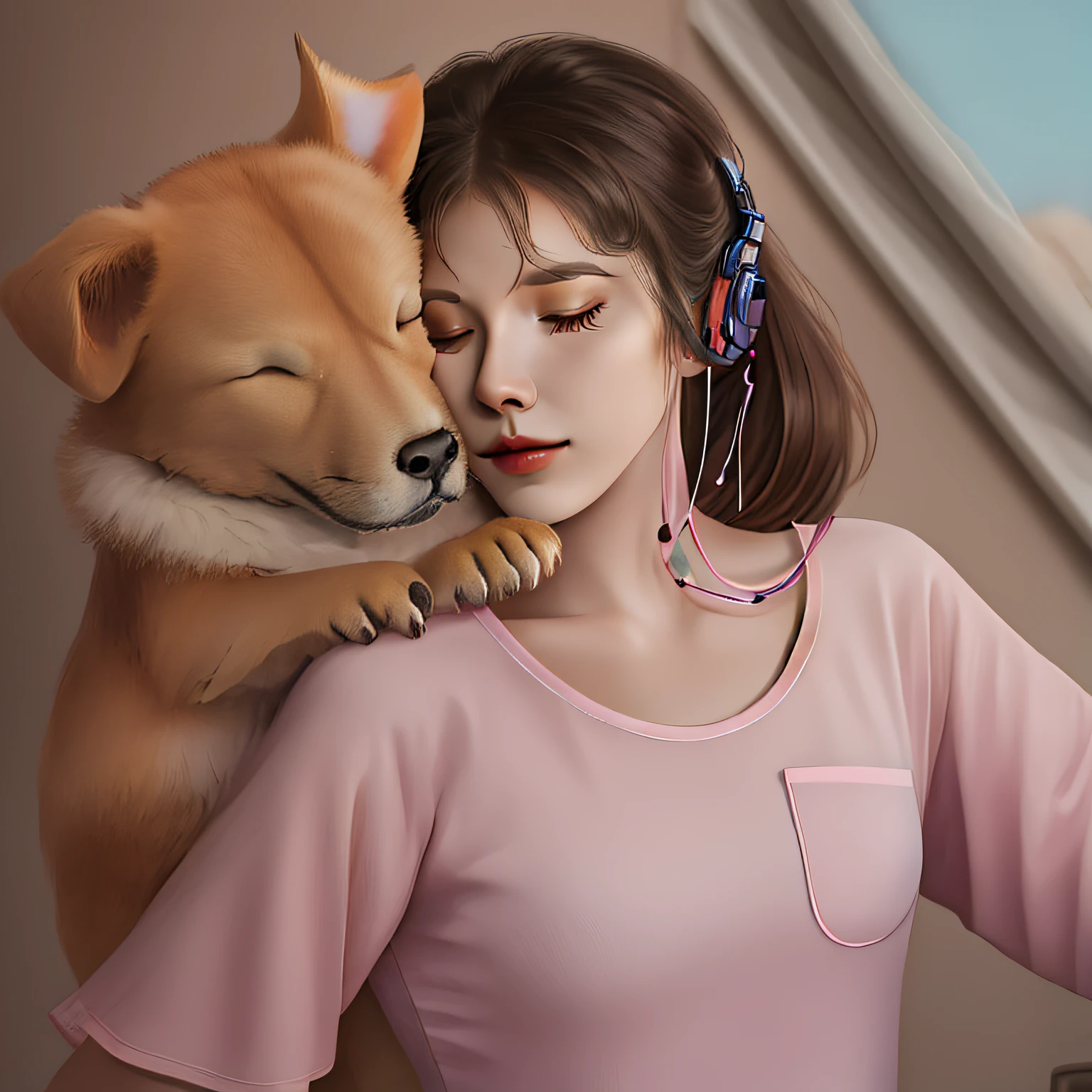 The girl closed her eyes，Enjoy music with headphones