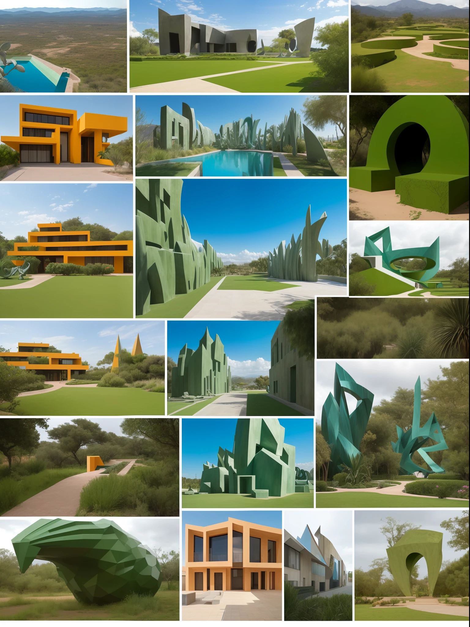 (masterpiece, best quality)),illustration,ultra detailed 8k, An illustration, ((Estilo collage)), (((multiple Luis Barragan's style buildings))), (((Marie-Laure Cruschi's art style))), (Secciones), ((Colores desaturados)), Rocas Cbig), ((lago)), cacti, (nubes lisas), un puente, escalera, La Luna, Grandes edificios, abundant vegetation, Arbustos, (((big geometric sculptures))), Sombras duras,
