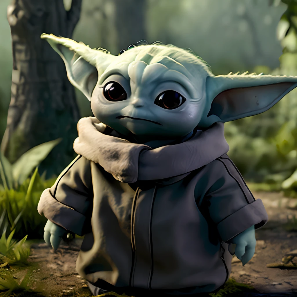 a 3d cartoon of cute (_yodah) standing in the woods, digital art, high resolution, very detailed, best quality, star wars,