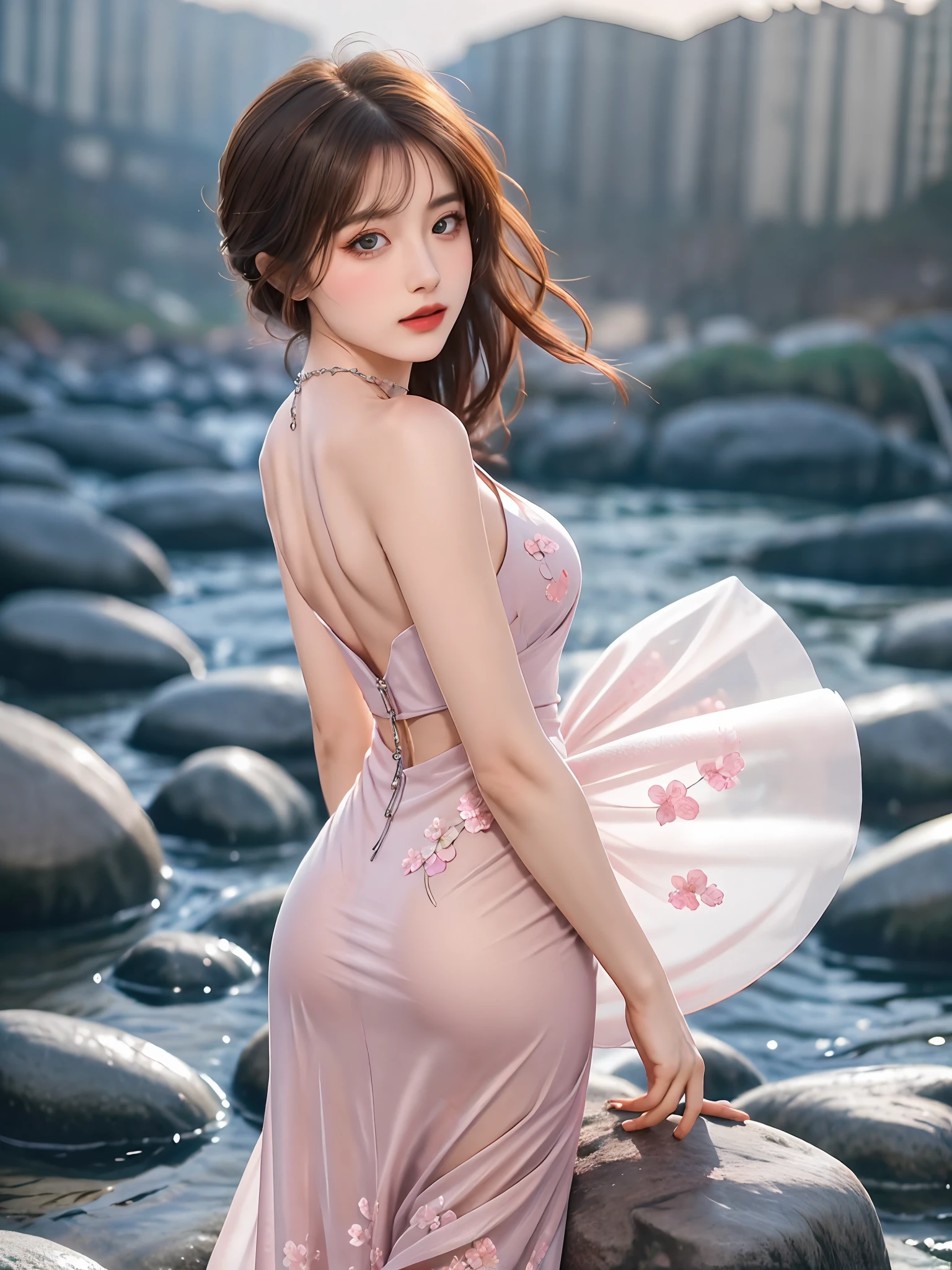 Master work，high quailty，Real photos，Elegant woman，Stand on a rock on the beach，The face is delicate，Clavicle chain，Wearing a long floral dress，Cotton lining，attractive poses，Sideways，backview，Sexy buttocks，background blurred，depthoffield，Central symmetry，56mm,F2