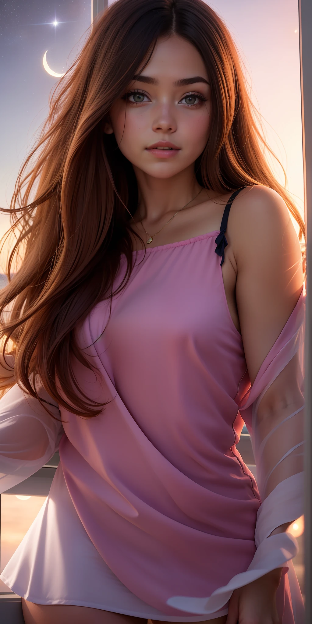 La mejor calidad posible, (Ultra resolution 8K),The most beautiful girl, The most beautiful, cabello largo movido por el viento, hermoso cuerpo,((mirando a la luna)), Looking through the window,la luna llena, estrellas, vestido de seda transparente en movimiento