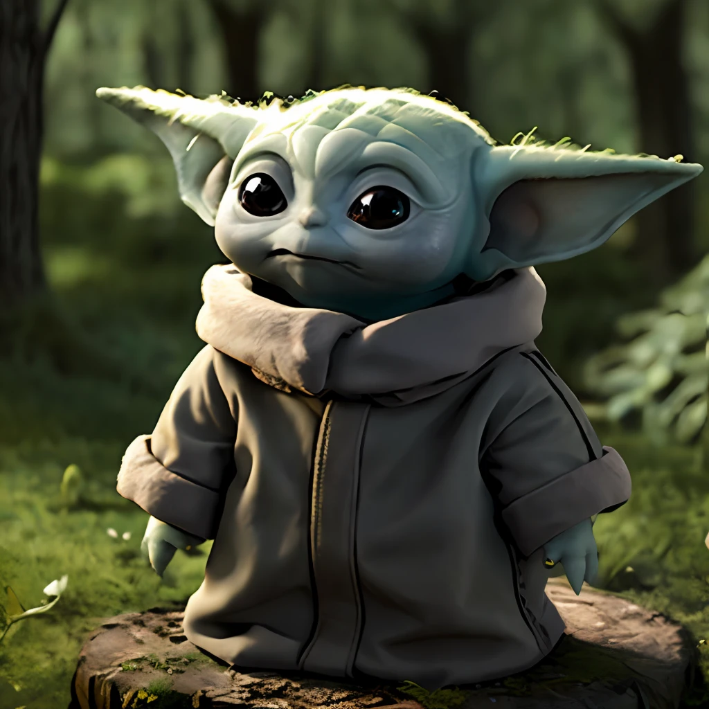 a 3d cartoon of cute (baby_yodah) standing in the woods, digital art, high resolution, very detailed, best quality, star wars,