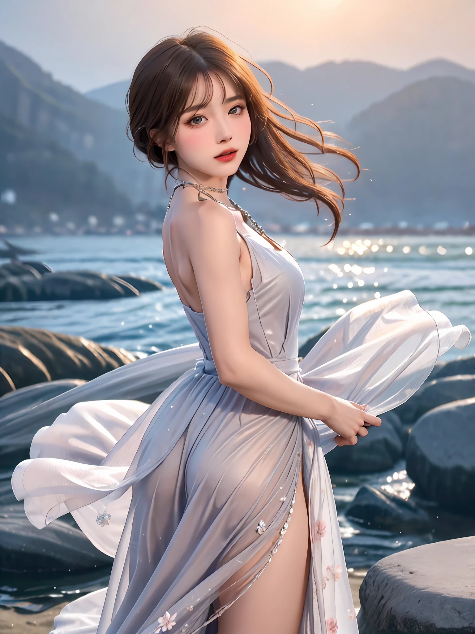 Master work，high quailty，Real photos，Elegant woman，Stand on a rock on the beach，The face is delicate，Clavicle chain，Wearing a long floral dress，Cotton lining，attractive poses，Sideways，backview，Sexy buttocks，backgroundblur，depthoffield，Central symmetry，56mm,F2