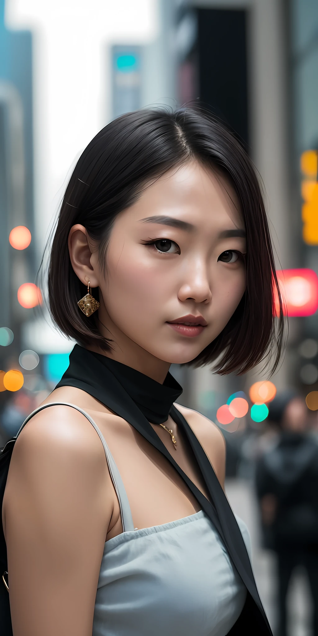 Full face portrait photo of Japan girls、RAW、beautifulwomen、Semi-open strawberry lip、dimples、A wistful look、(Short bob brown hair)、((detailed faces))、((detailed facial features))、(Fine detailed skin)、pale skin、(Detailed tech cyberpunk dress with deep neckline)、Cyberpunk Megacity Environment、(cool colors)、moist、moist、glint、(masterwork)(perfect proportion)(photo lifelike)(maximum quality)(Intrincated detailed)shot on a Canon EOS R5、 50mm lens, F/2.8, HDR, (8k) (wallpaper) (Movie lighting) (Dramatic lighting) (sharpening Focus) (intricate), RAW Photography, RAW Photography, Gigachad Photos, Camera Pose, Black jeans, Back arm, 8k UHD, DSLR, hig quality, Grain film, Fujifilm XT3、Ultra high image quality