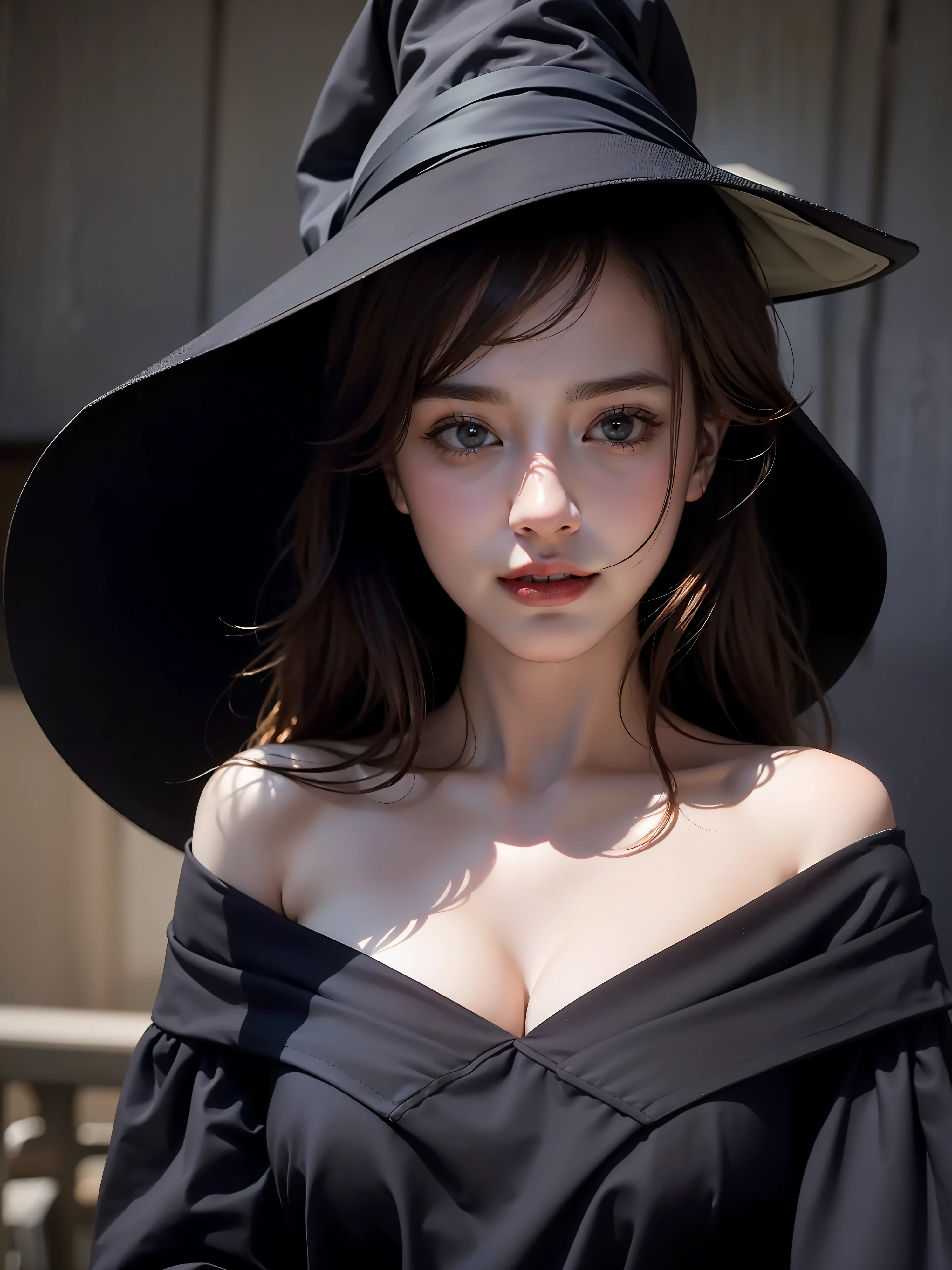 maximum quality、masterwork、ultra high-resolution、(pfotorealistic:1.4)、Raw photo、1girls、off shoulders、dark、Deep shadows、lowkey、Cold light、熟女、Beauty Witch、Familiar faces、Sexy、Um corpo inteiro、revealing cleavage、Like the photo、the real thing、Sorrisos、Mouth open、Not wearing a hat、Blonde hair、