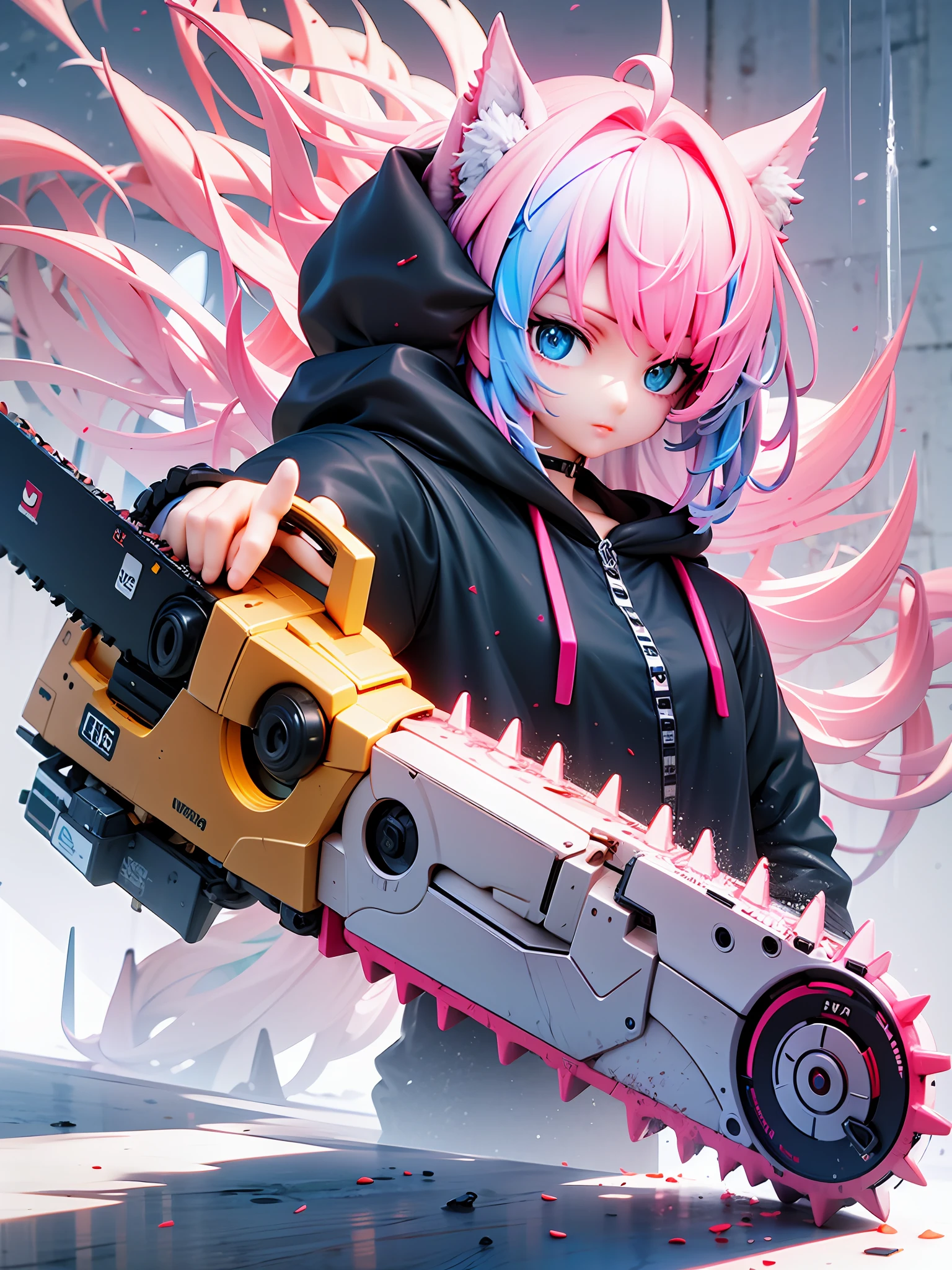 enmaided、Machine Man、Pink hair、Dark atmosphere、glaring、Blue eyes、Black Cat Ear Food、Hiding the machine part with a hood、Have a huge chainsaw