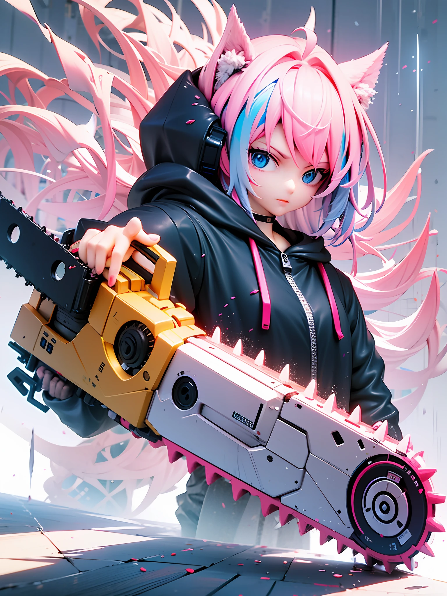enmaided、Machine Man、Pink hair、Dark atmosphere、glaring、Blue eyes、Black Cat Ear Food、Hiding the machine part with a hood、Have a huge chainsaw