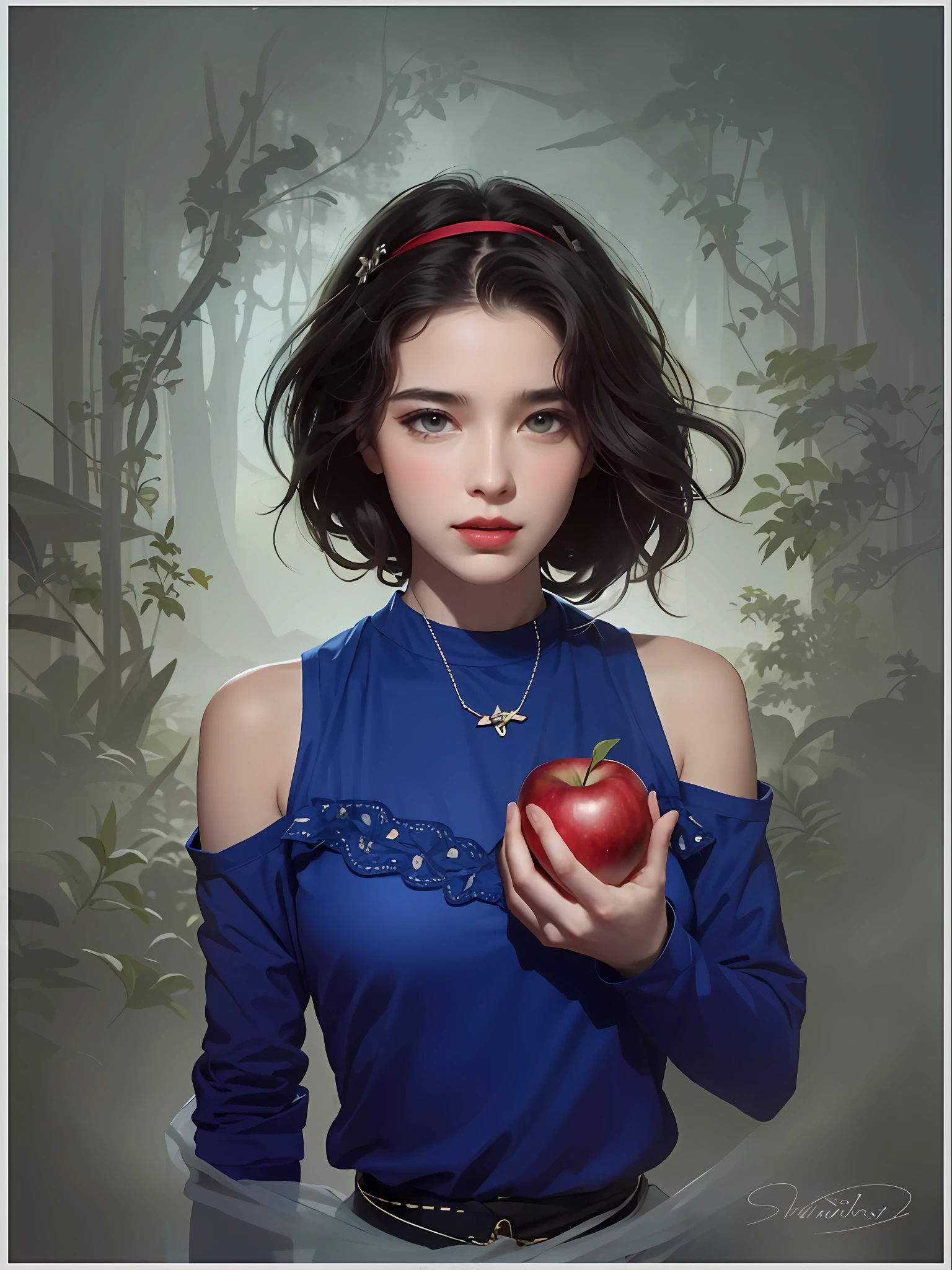 extremamente realista, Cores abstratas, textura, filmic grain, poros da pele, dusty atmospheric haze, vinheta, intrincado hasselblad dslr 8K RAW foto de retrato, a painting of a woman holding an apple in her hand, Retrato da Branca de Neve, Branca de Neve como um D & d lutador, Tom Bagshaw Estilo de Arte, Neoartcore e Charlie Bowater, arte do personagem charlie bowater, Tom Bagshaw Estilo, Arte Estilo Tom Bagshaw, Estilo de Charlie Bowater, Branca de Neve, No estilo de Charlie Bowater