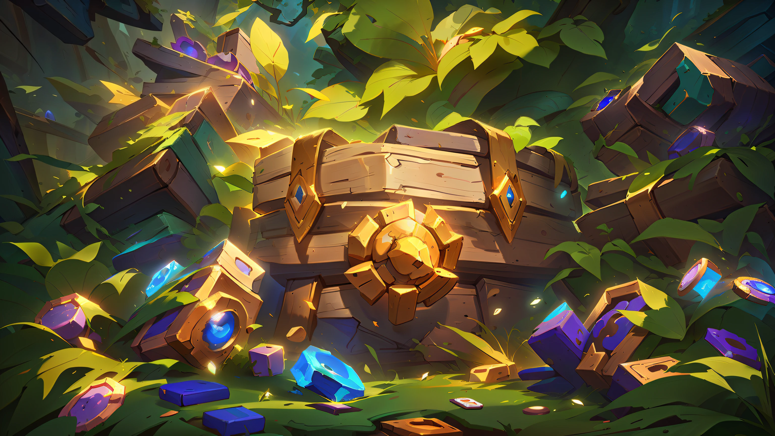 There is a wooden box，Nice looking nature decoration，Deep in the dense forest，Woods leaves in the background，, hearthstone concept art, blizzard hearthstone concept art, hearthstone official splash art, hearthstone card art, treasure background, fantasy hearthstone art style, hearthstone art, hearthstone art style, hearthstone card artwork, heartstone original art style, hiding large treasure chest, hearthstone card game artwork. ”, hearthstone art style, arte de fundo