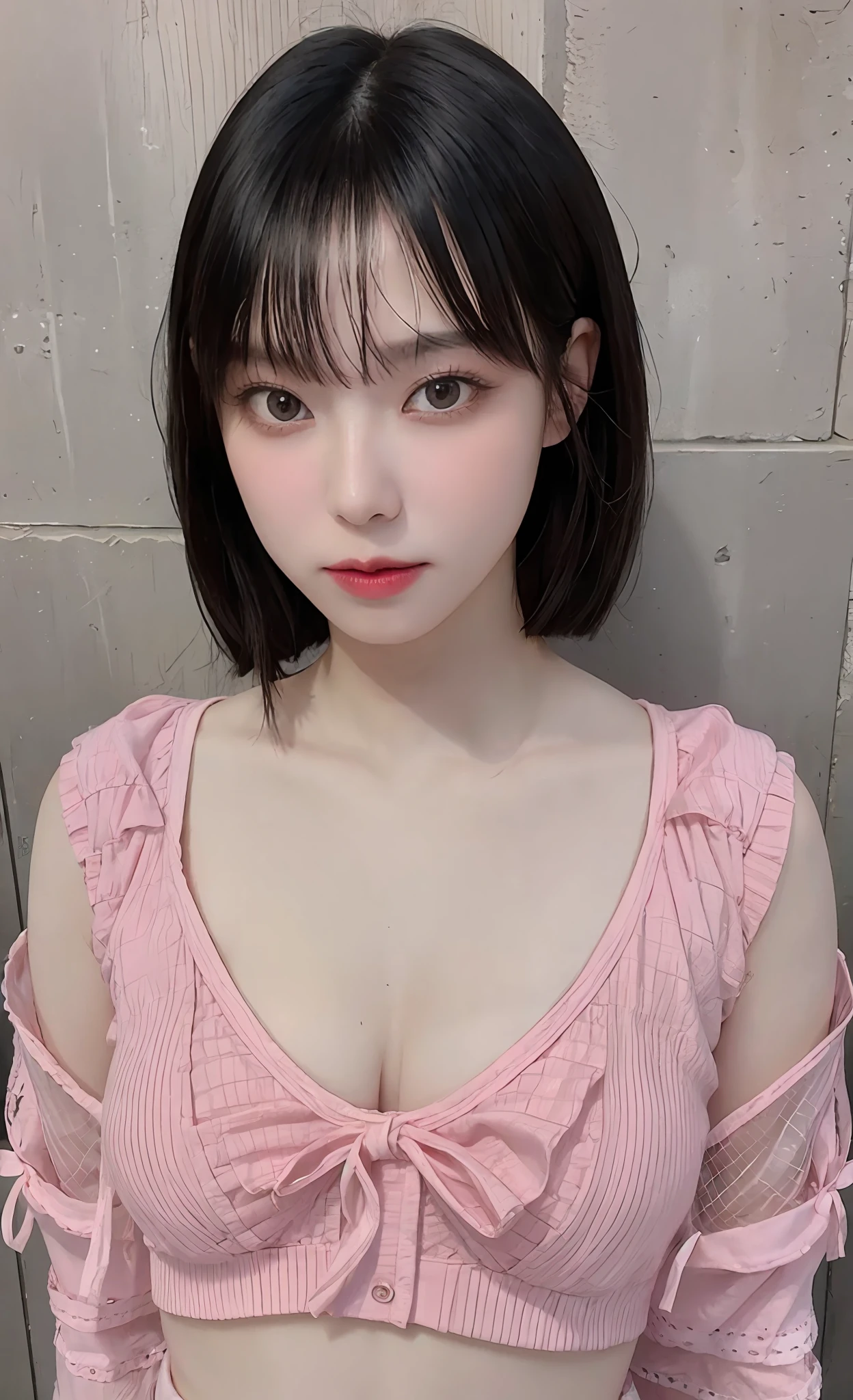 The most realistic photo, most detailed, sharpest, Highest resolution:8k-32k,Japanese girls, Wear mesh looks transparent (Summer skirts), Perfect face,detail, Detailed sparkling eyes,red lipstick, short pink hair,bow neck, large round chest, Suggestive,most detailed,large chest slit,slim waist,big thighs, big ass;, The most detailed, sharpest panties;,sexy panty slot,water leakage,Perfect hands,perfect body,sweaty iridescent skin, Many countries,pink bra,detailed chest slit, pants.