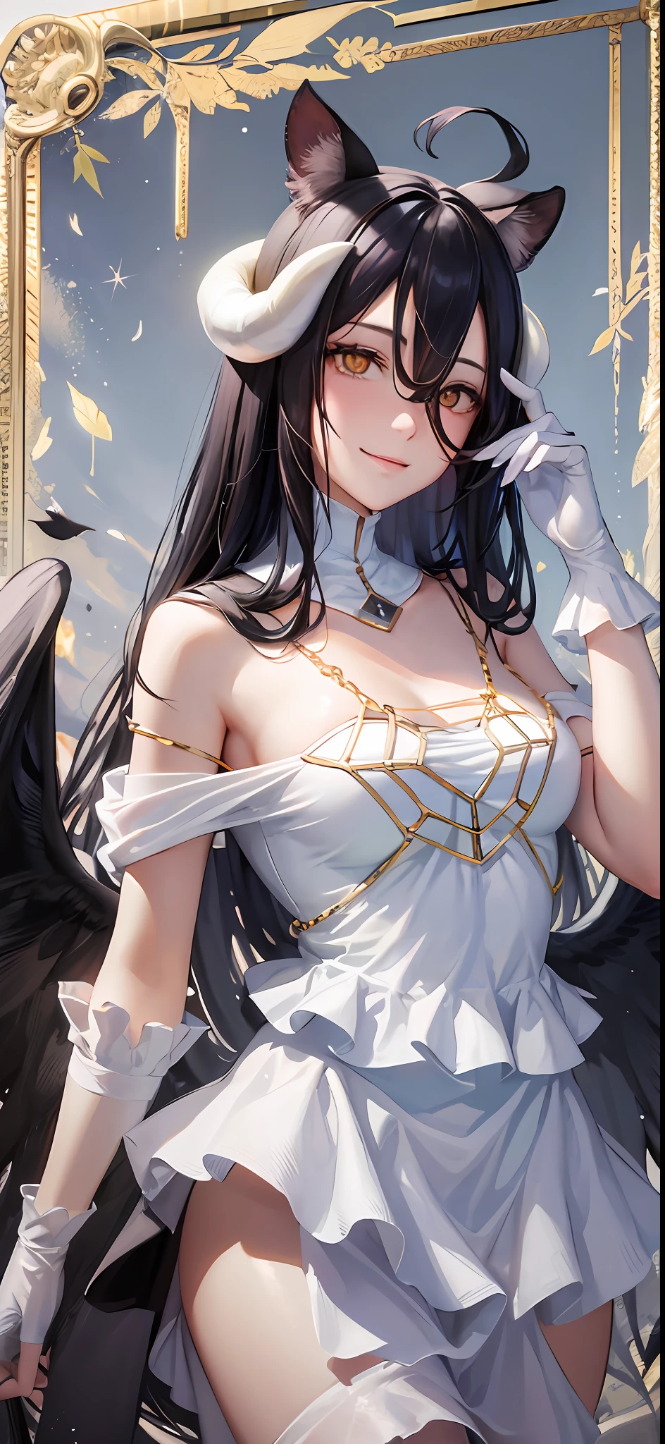 Meisterwerk, best qualit, high res, al1, demon horns, geschlitzte Pupillen, white gloves, white dress, nackte Schultern, Abnehmbarer Kragen, Spaltung, black wings, feathered wings, low wings, Cowboy erschossen, stehend, Verlies, evil smile, Die Hand ausstrecken, Ausgebreitete Arme, ausgestreckte Arme,