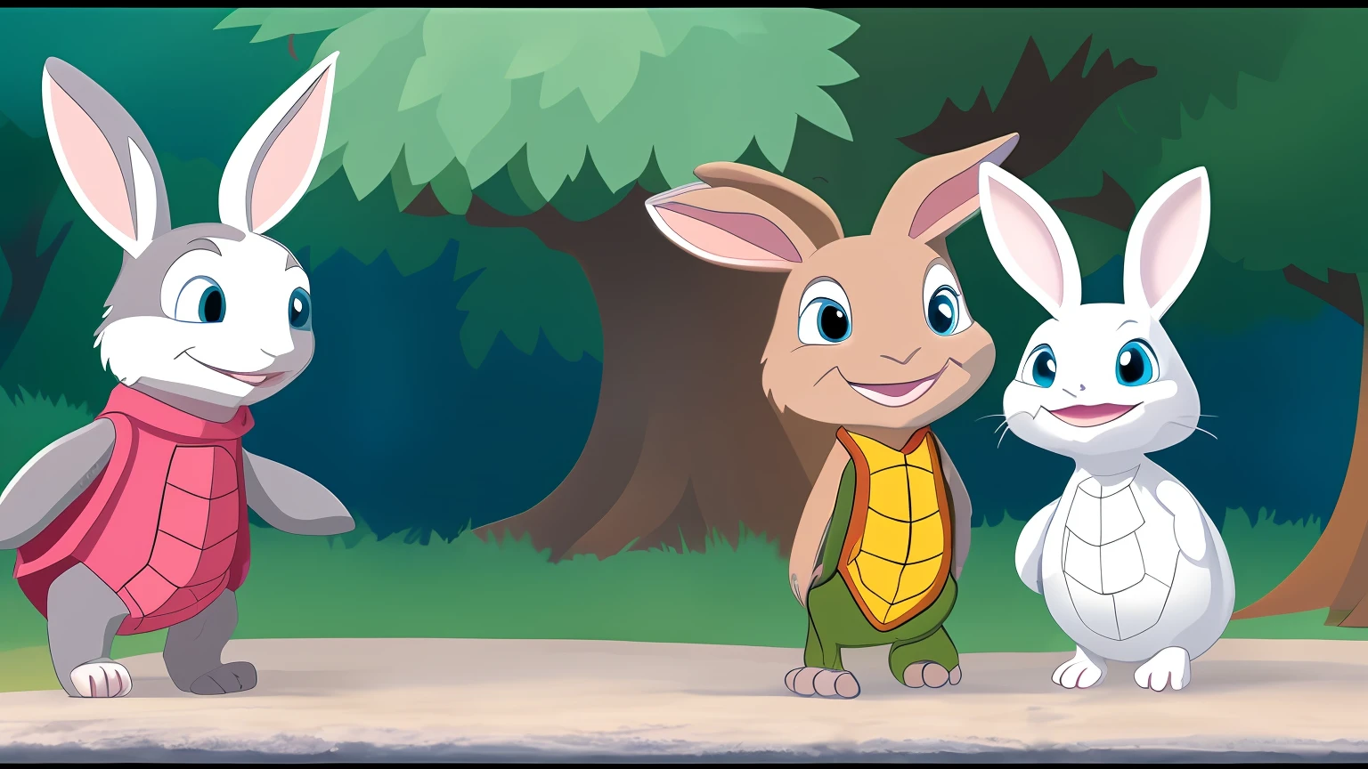 a close up of a cartoon turtle and a rabbit near a tree, as an anthropomorphic turtle, animated movie scene, animation film still, animated still, cartoon turtles, animation still, anthropomorphic turtle hero, animated film still, by Martina Krupičková, animated movie still, illustration”, children's animated films, animated cartoon series
