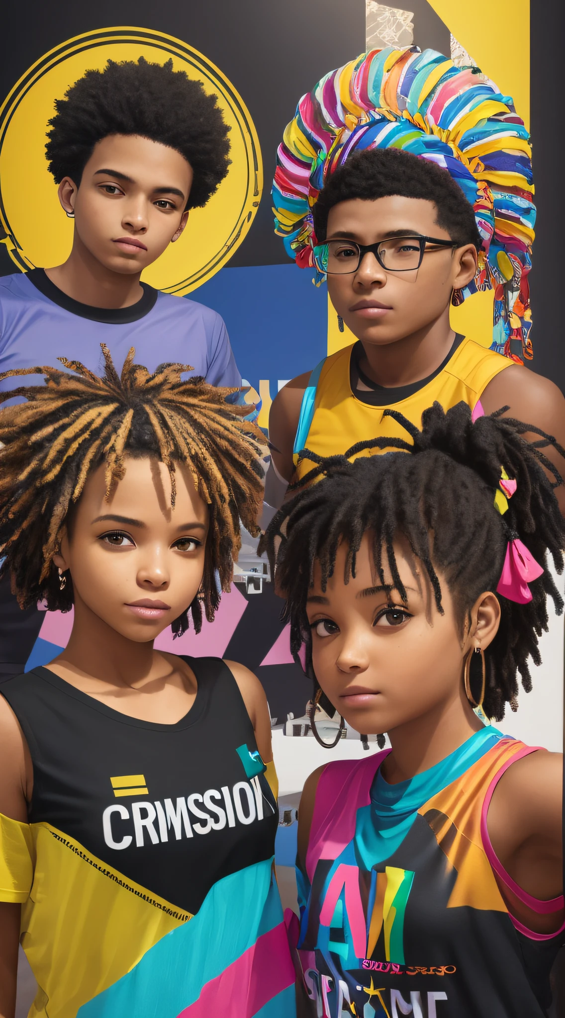 Gerar uma imagem que represente jovens talentos negros e latinos, como brasileiros, capacitados trabalhando em equipe, com uma atmosfera profissional e motivadora. inclusion, diversidade e crescimento profissional. pessoas interagindo, modern work environment and symbols that represent learning and development. Prioritize a vibrant and inspiring aesthetic Clothes with Scracho logo "afro.it" e usando as cores #8F00FF #8F00FF #EBBC85 #FF8A01 --auto