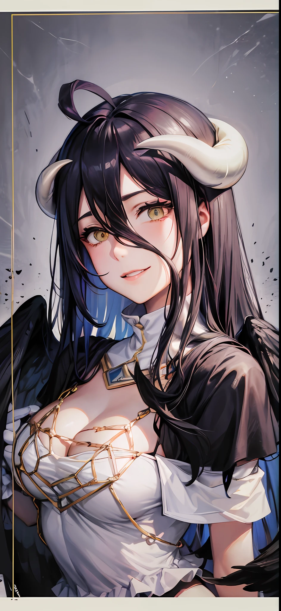 Meisterwerk, best qualit, high res, al1, demon horns, geschlitzte Pupillen, white gloves, white dress, nackte Schultern, Abnehmbarer Kragen, Spaltung, black wings, feathered wings, low wings, Cowboy erschossen, stehend, Verlies, evil smile, Die Hand ausstrecken, Ausgebreitete Arme, ausgestreckte Arme,