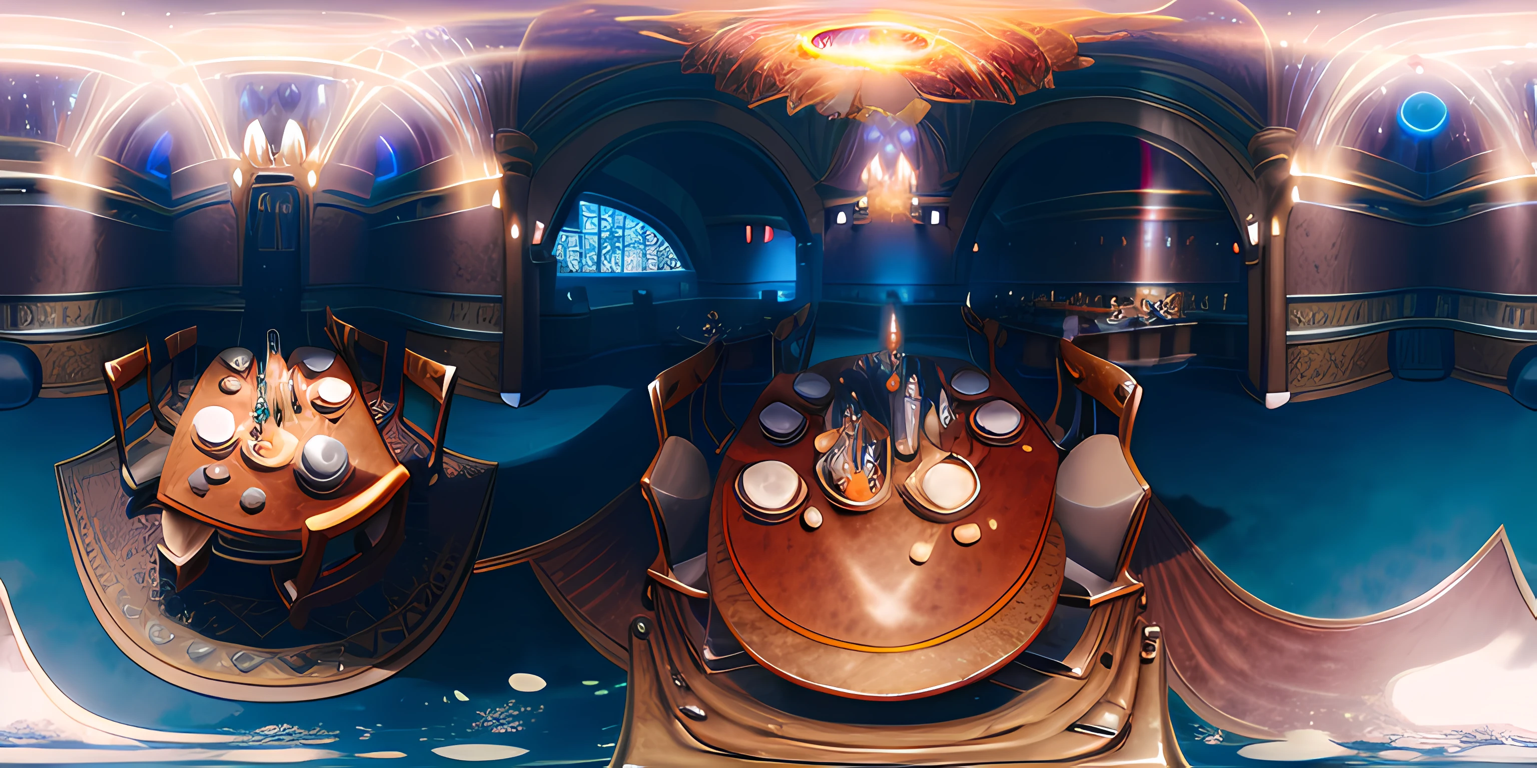 around a table, knights eating , unreal engine, detailed, high quality, photoreal, movie still, (cinematic lighting:1.3), canon lens, 360 degree, equirectangular, qxj,