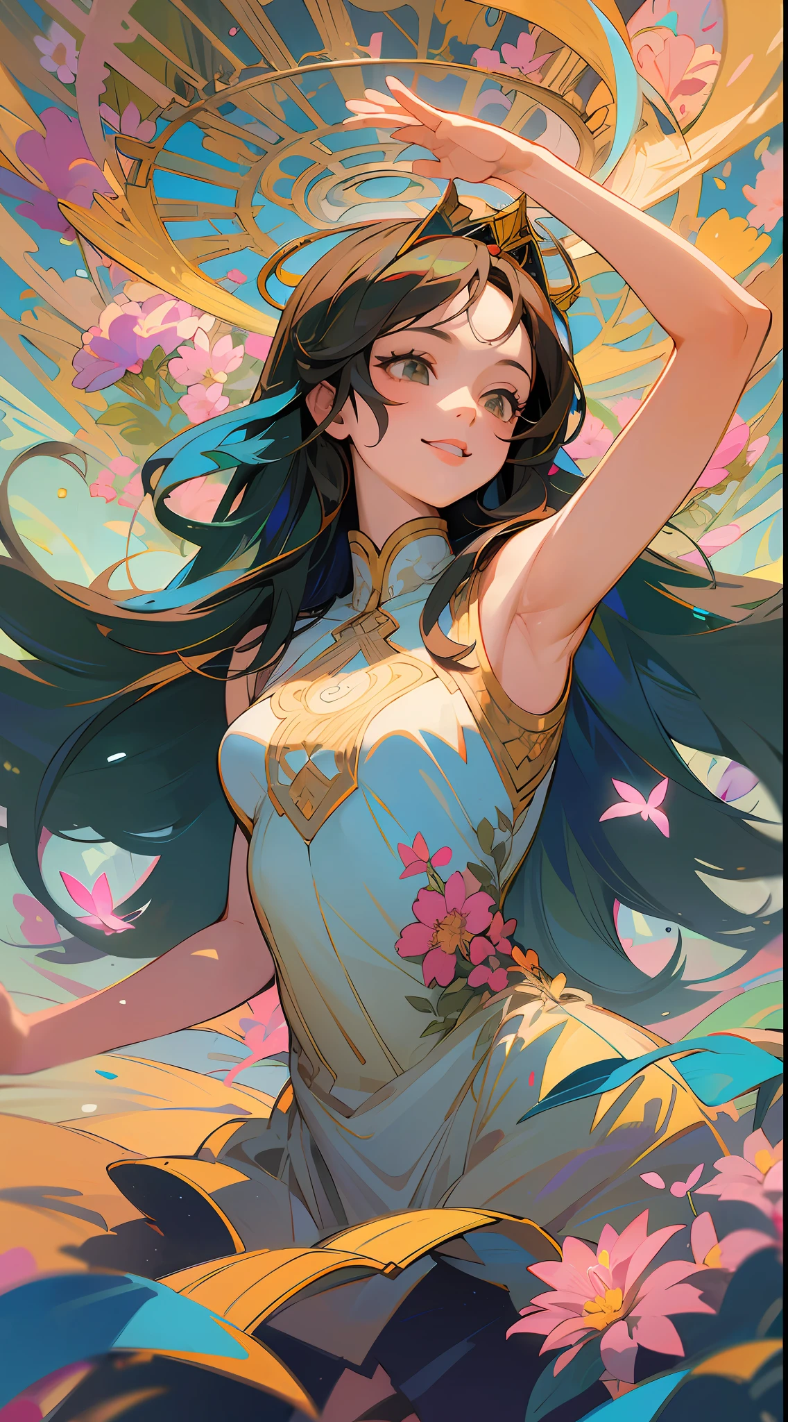 Alpha ounce Mucha, (Decorative composition: 1.6), Masterpiece, High quality, ((Photorealistic)), cinematic direction, (High contrast), Depth of field, (award-winning difference photo), facial detailing, Detailed drawing, there is a place in the forest where flowers bloom, girl dancing in a snow-white summer dress in a flower garden, girl is 9 years old, very long hair，Brunette Hair, Summer sky, Summer clouds, (dazzling sunlight in summer: 1.4), Flower Garden, girl with open arms, gargantilha, flower tiara, butterflies, Fluttering petals, dynamic movement, (Dance), Make a smile, showing teeth, (((flowers))), liana, leaf, (dazzling halo),