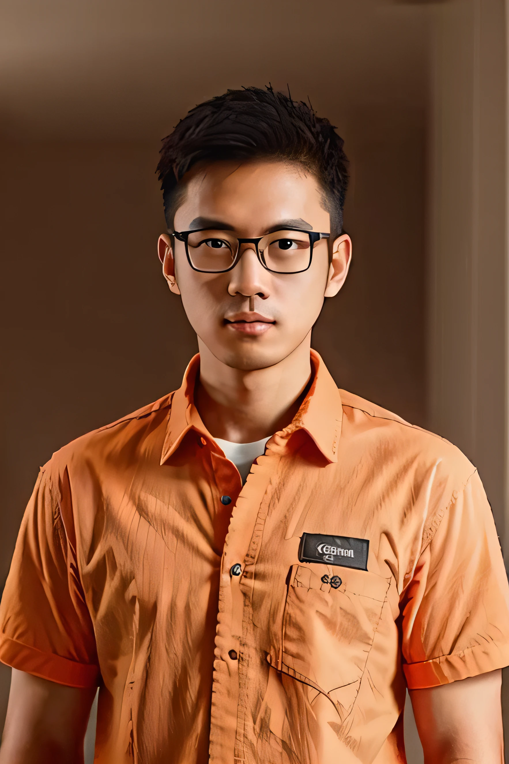 1man, a 20 y.o male, singaporean, (((wearing fit orange gorange shirt))), soft lighting, wear glasses,Comb-over hairstyle, masterpiece, best quality, 8k uhd, dslr, film grain, Fujifilm XT3 photorealistic painting art by midjourney and greg rutkowski,half body,black short hair