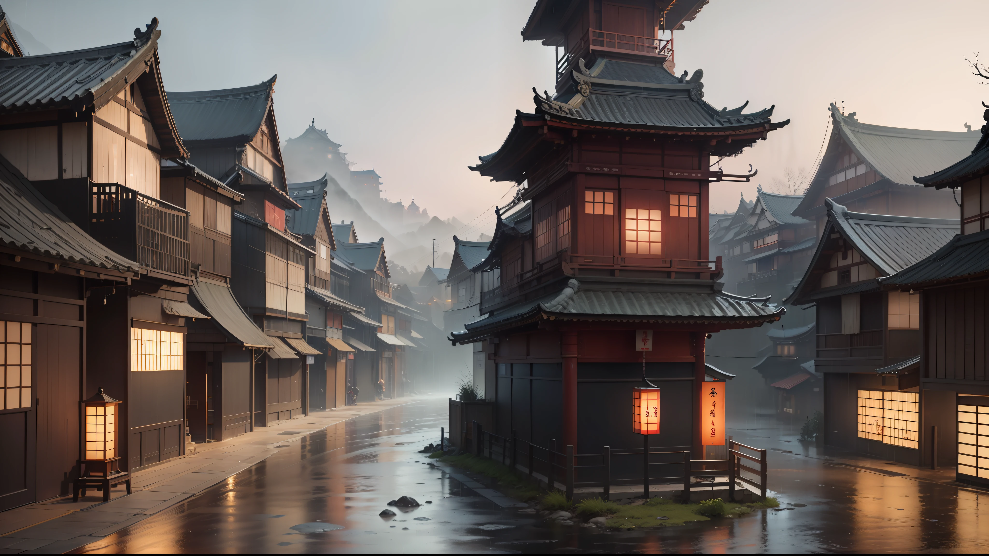 overhead view of a village with a lot of lights on the buildings, dreamy chinese town, chinese village, amazing wallpaper, japanese town, japanese village, hyper realistic photo of a town, old asian village, rainy evening, cyberpunk chinese ancient castle, beautifully lit buildings, at evening during rain, beautiful and aesthetic, photography, cinematic, 8k, high detailed ((Heavy rain)))